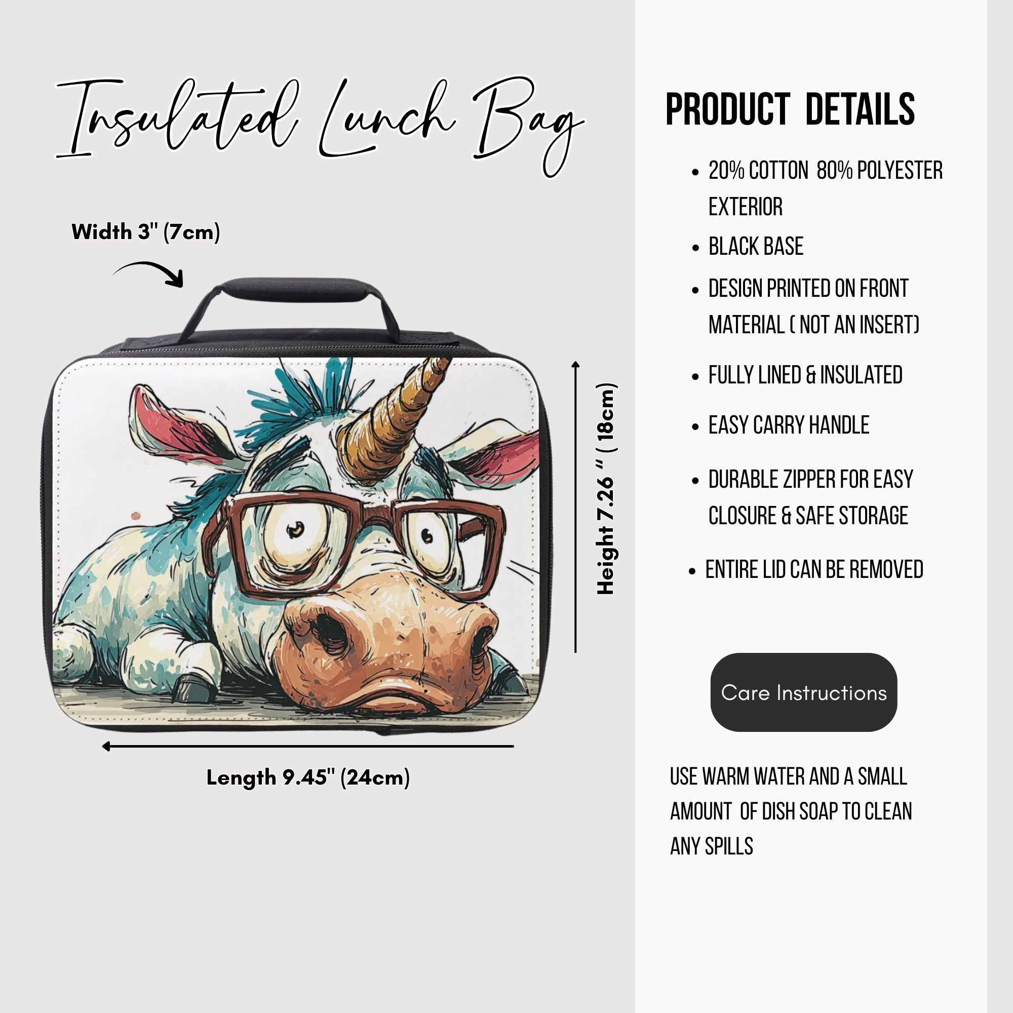 Insulated lunch bag with a cartoon unicorn design, dimensions, and product details on a white background.