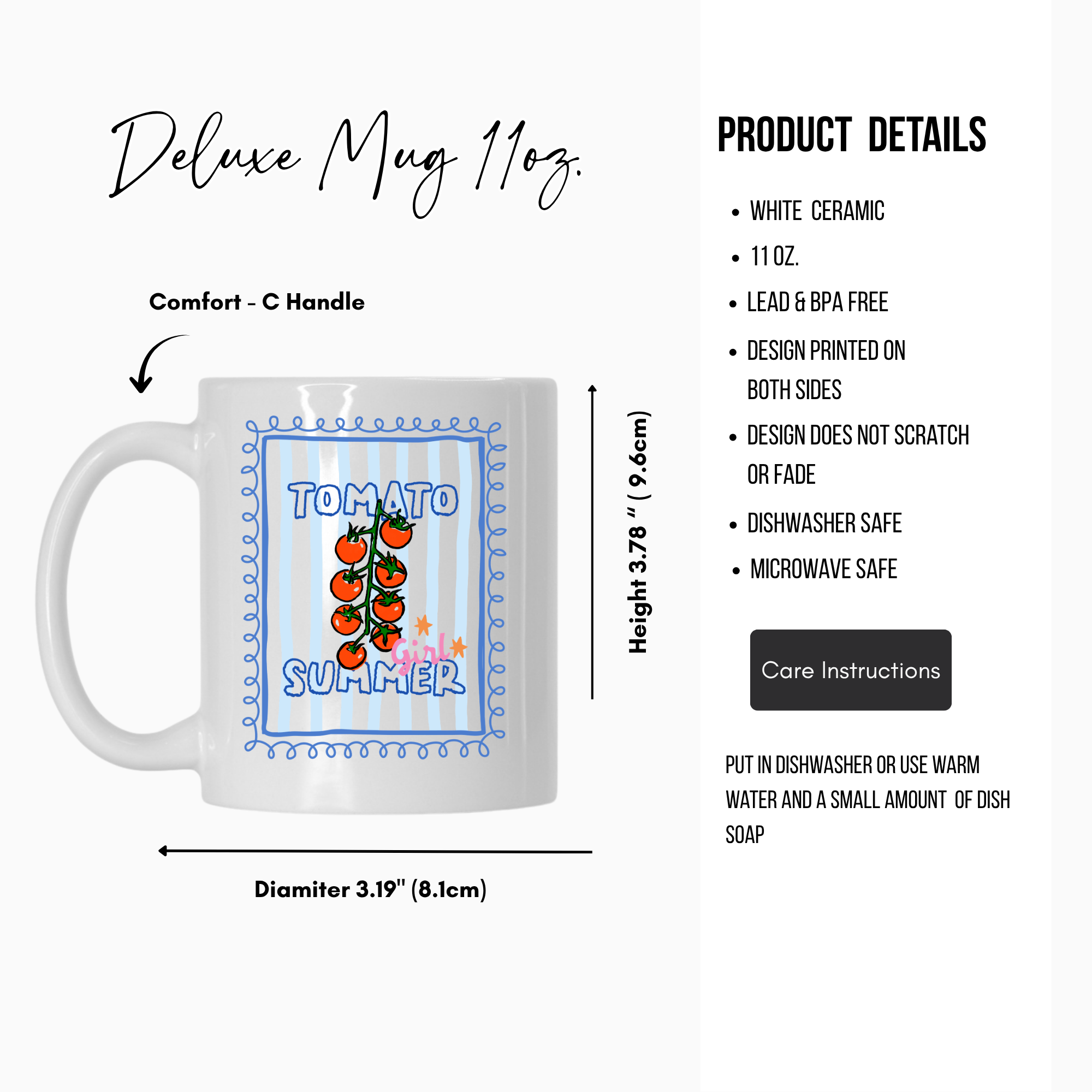 11oz. white ceramic mug with 'Tomato Summer' design, featuring product details on a white background.
