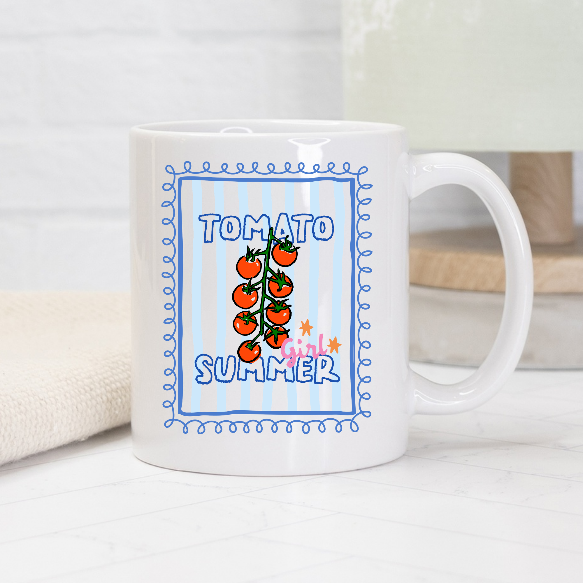 White 11oz. mug with 'Tomato Girl Summer' design on a light background