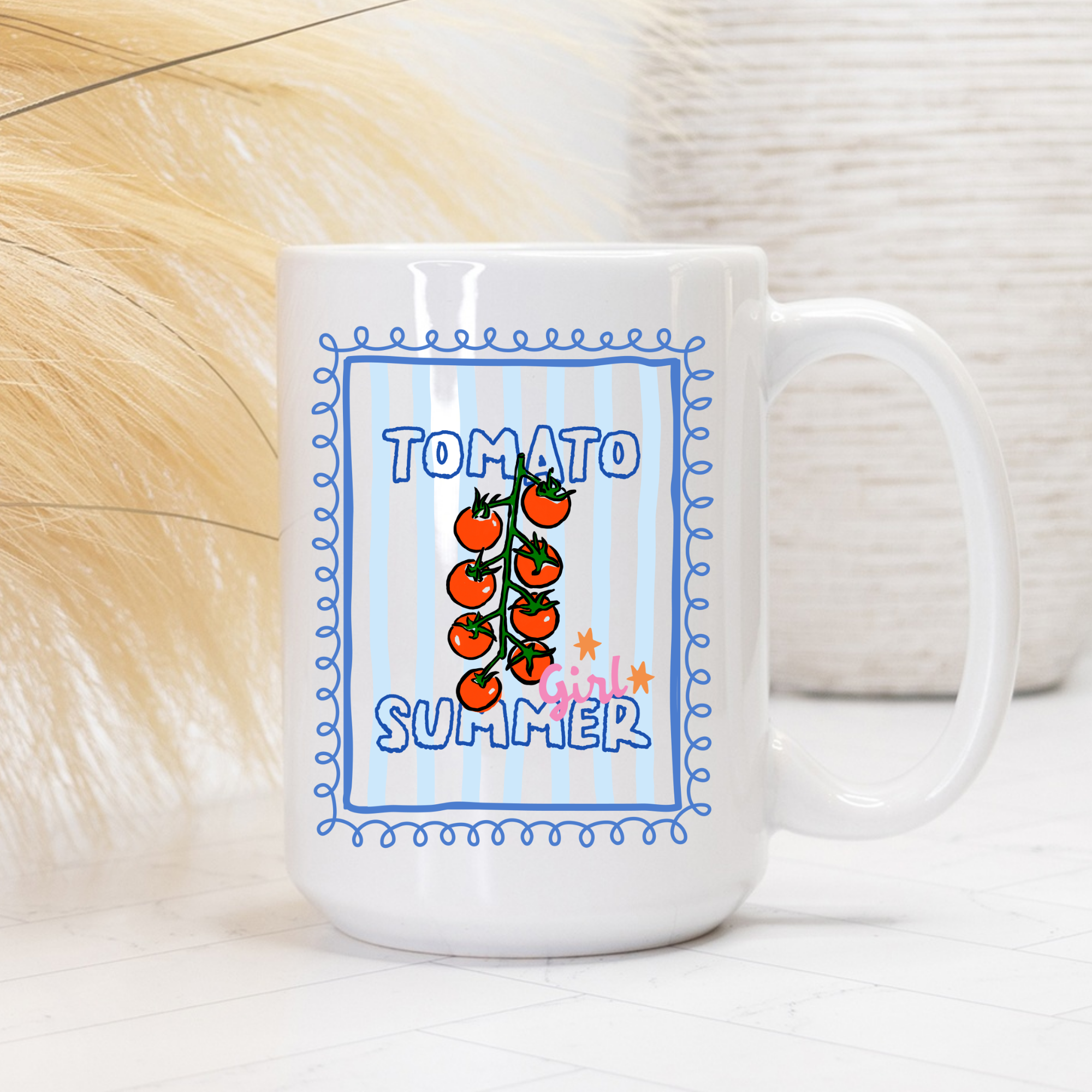 White 15oz. mug with tomato-themed design on a light background