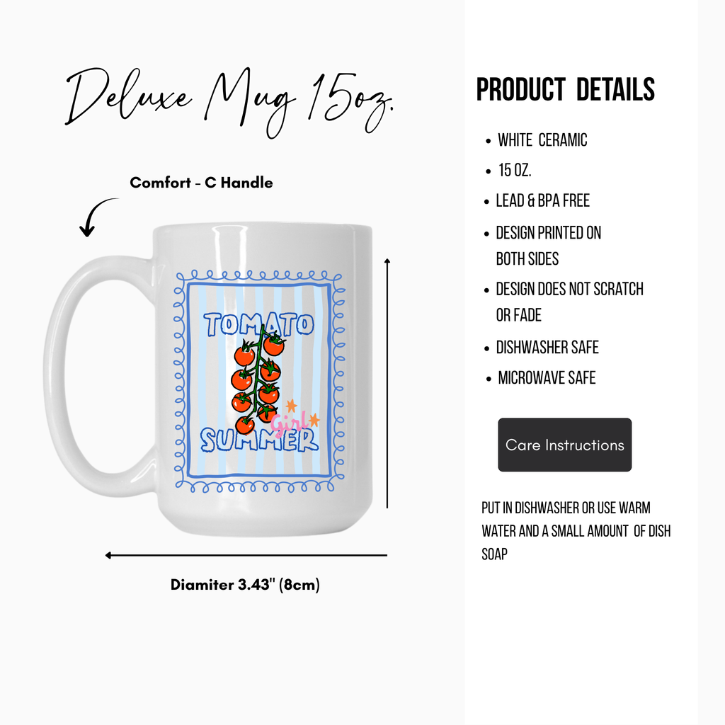 White 15oz. ceramic mug with tomato design and product details on a white background