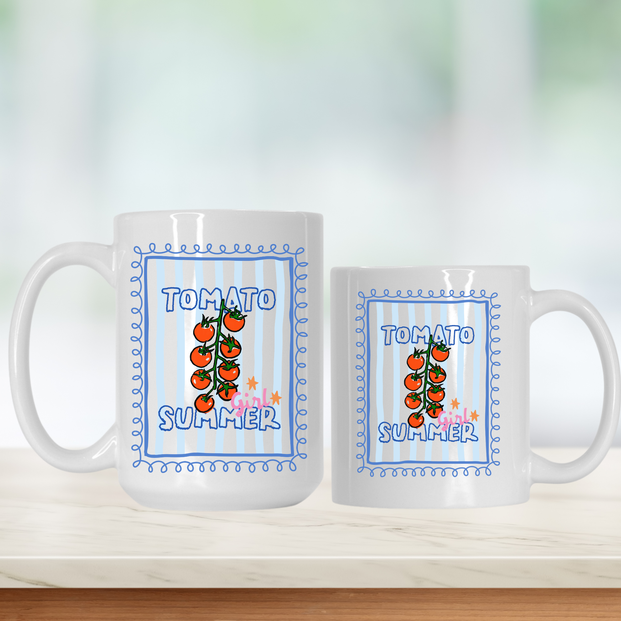 15oz. and 11oz. white mugs with 'Tomato Summer' design on a light background