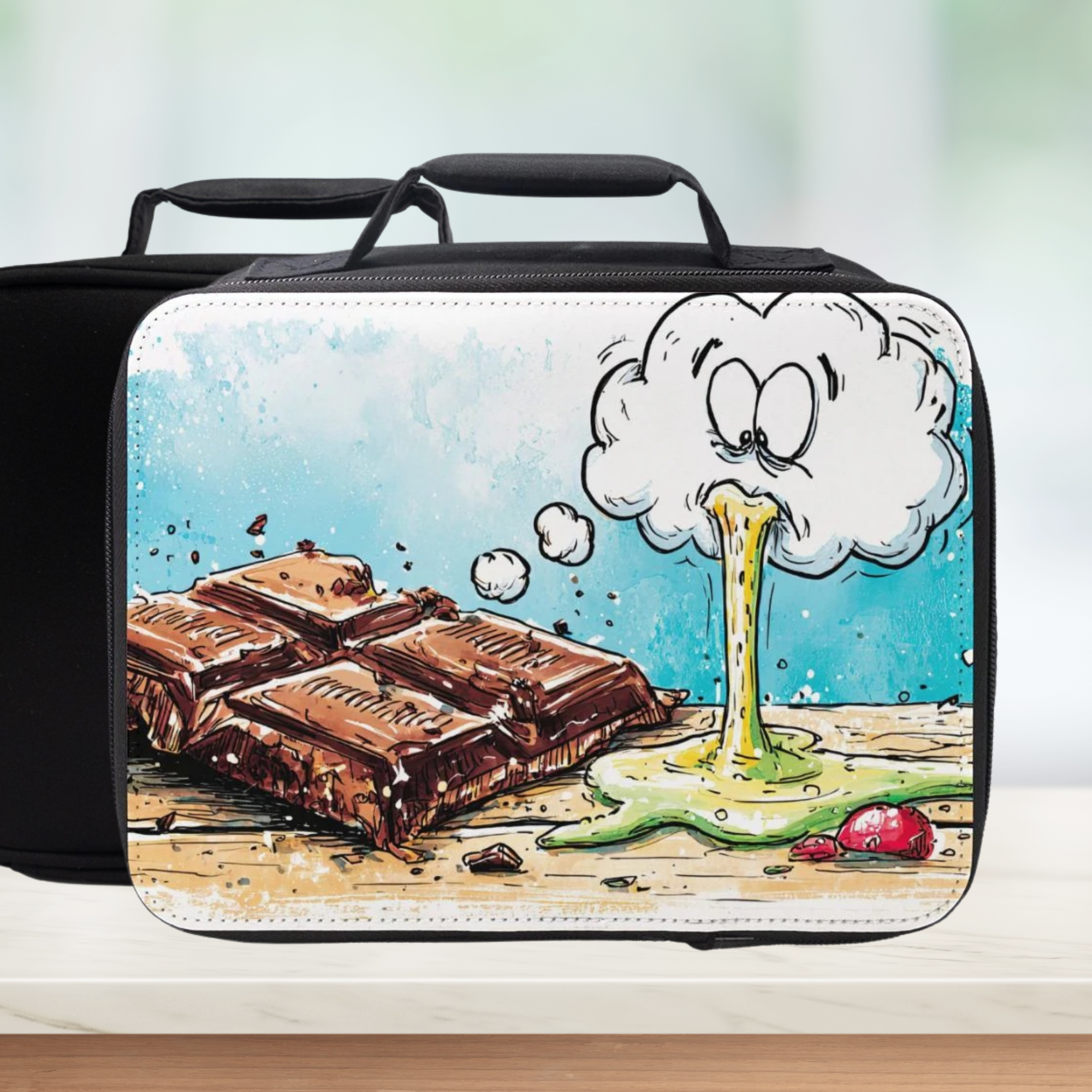  insulated lunch bag with a chocolate bar and cartoon design on a white background