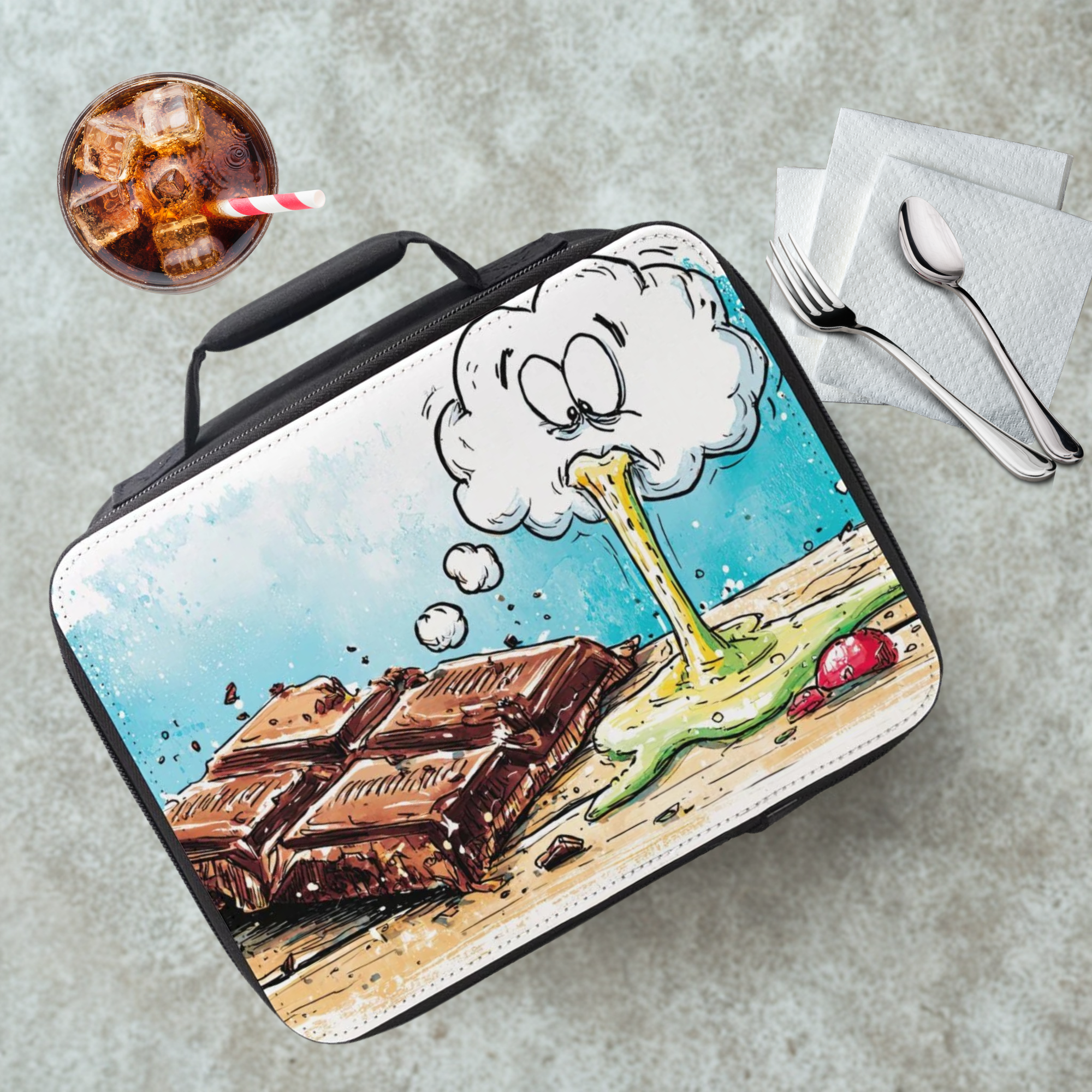 Lunch bag with a cartoon design of a chocolate bar and a cloud, placed on a cafeteria table with a drink and utensils in the background.