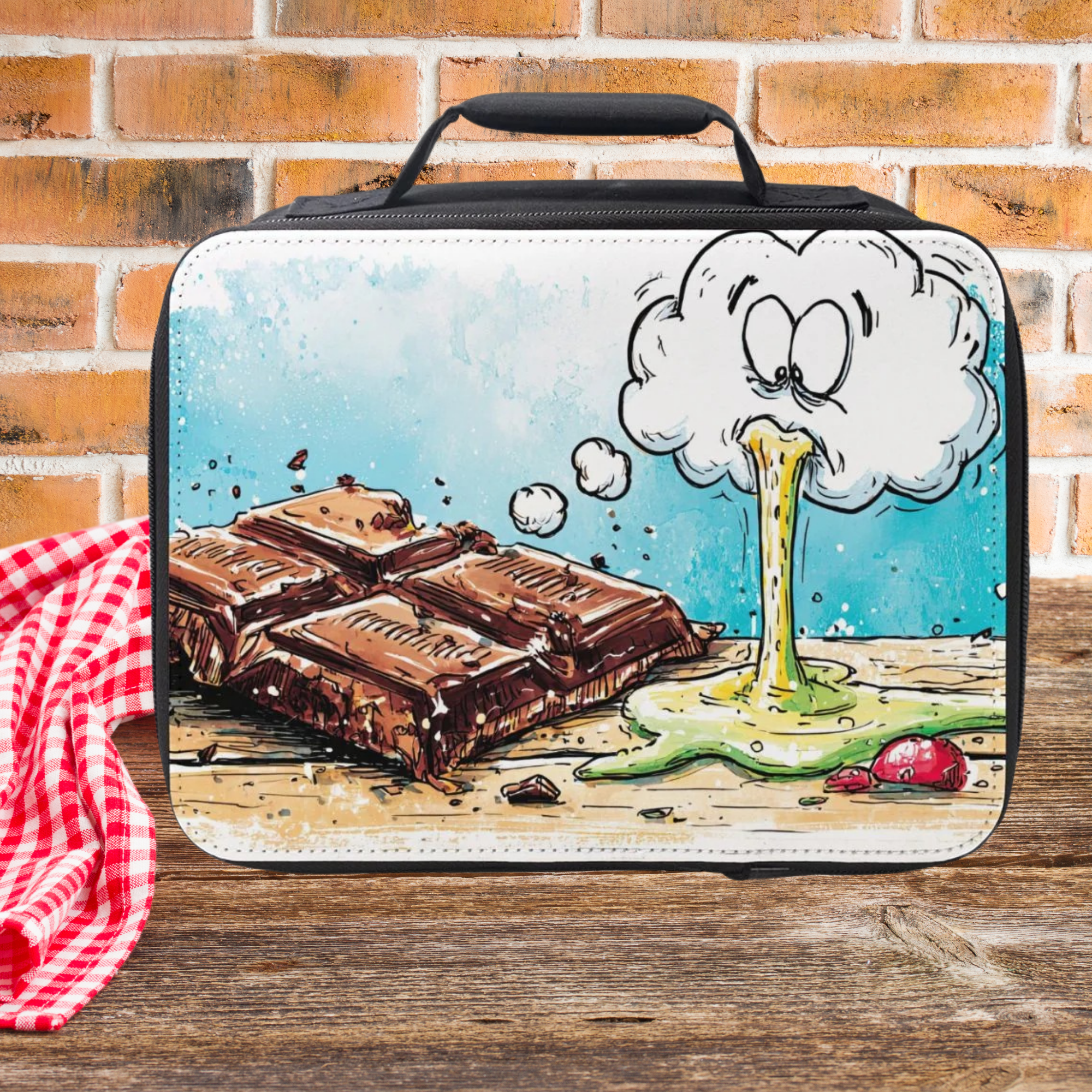 Lunch bag with a cartoon design of chocolate bars and a stomach, placed on a wooden picnic table with a brick wall background.