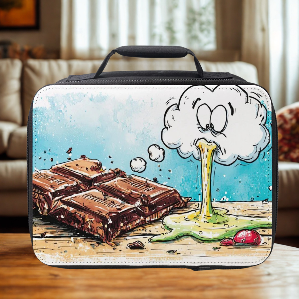  insulated lunch bag with cartoon design of a chocolate bar and a sick stomach on a table in a living room