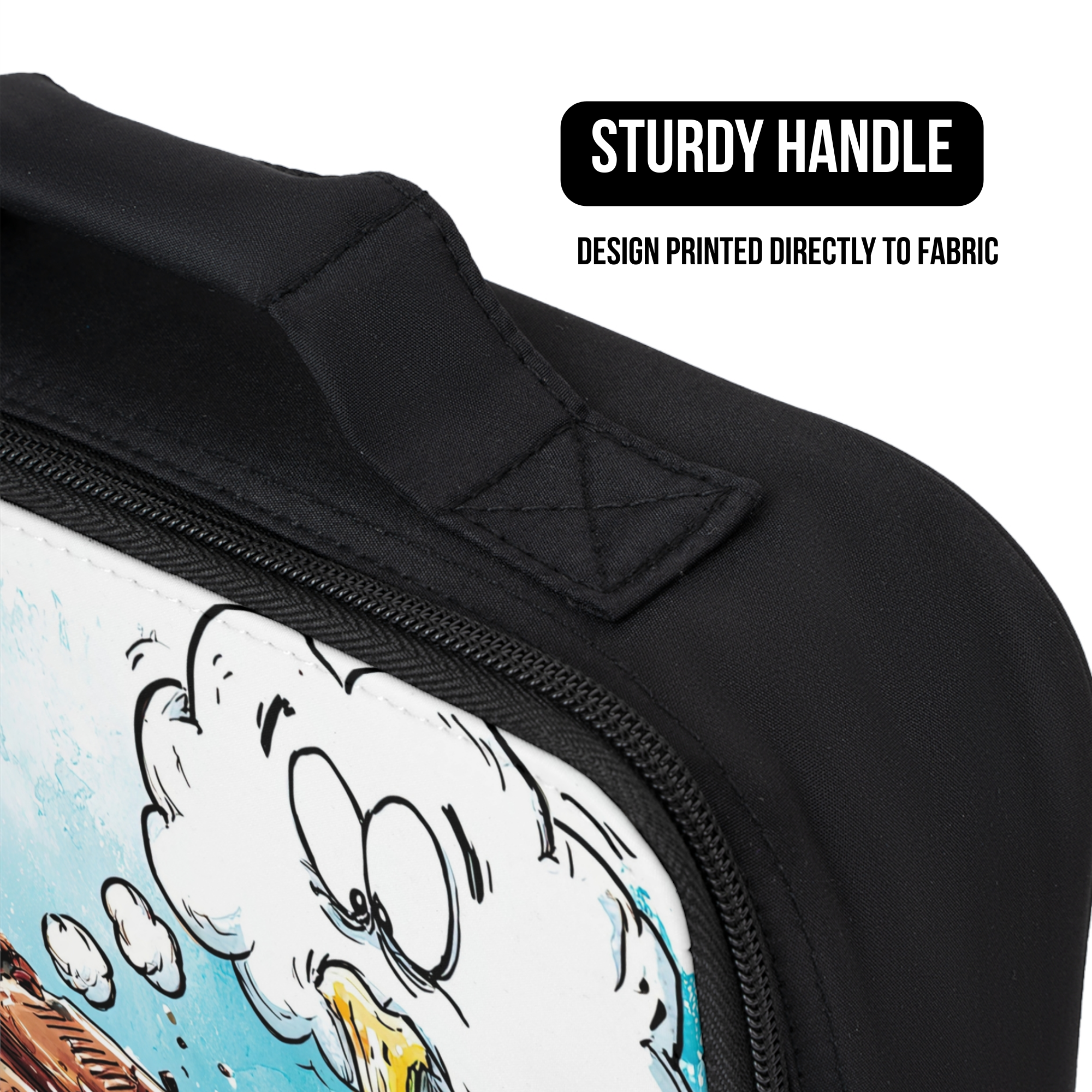 Black lunch bag with a cartoon character design on fabric, featuring a sturdy handle.