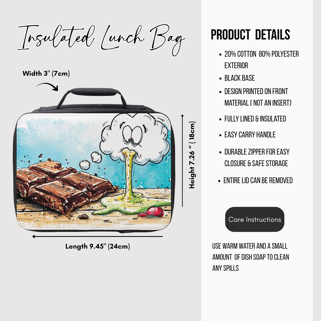 Insulated lunch bag with chocolate design and product details on a white background