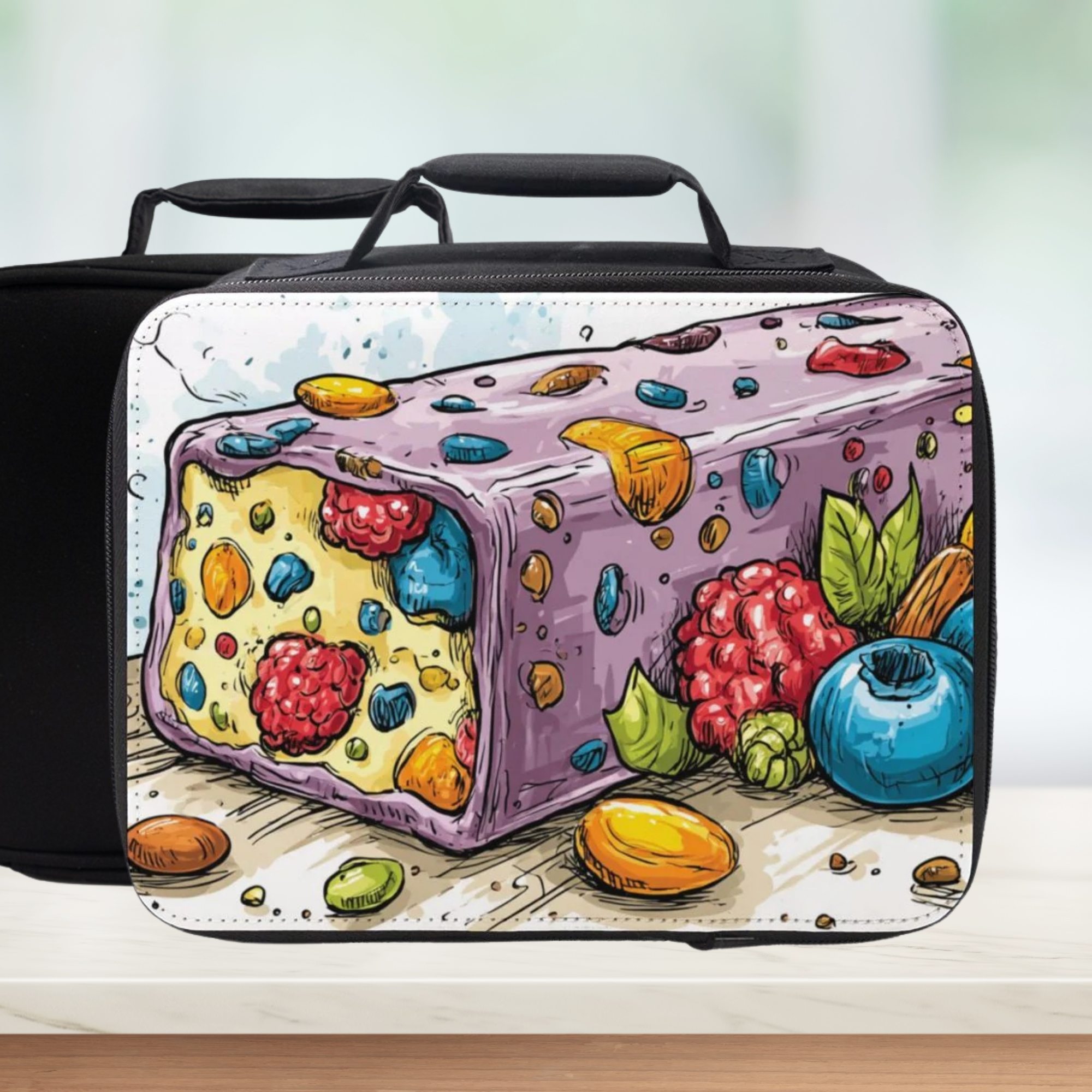 Colorful dessert-themed lunch bag on a white background