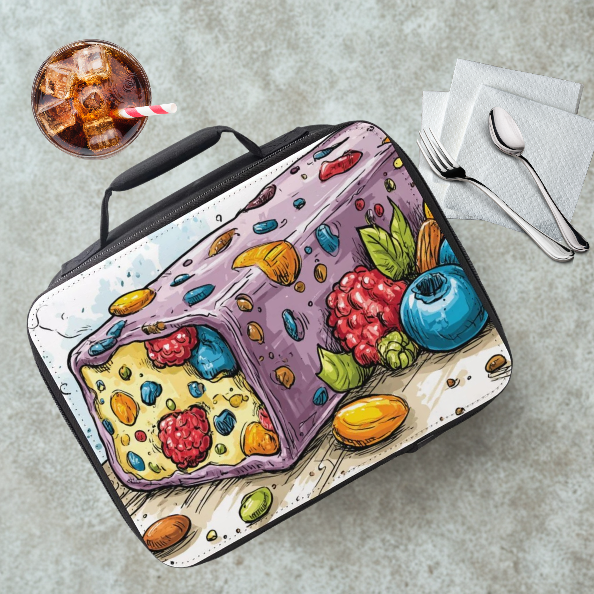 Colorful insulated lunch bag with food illustration on a cafeteria table with a drink and utensils.