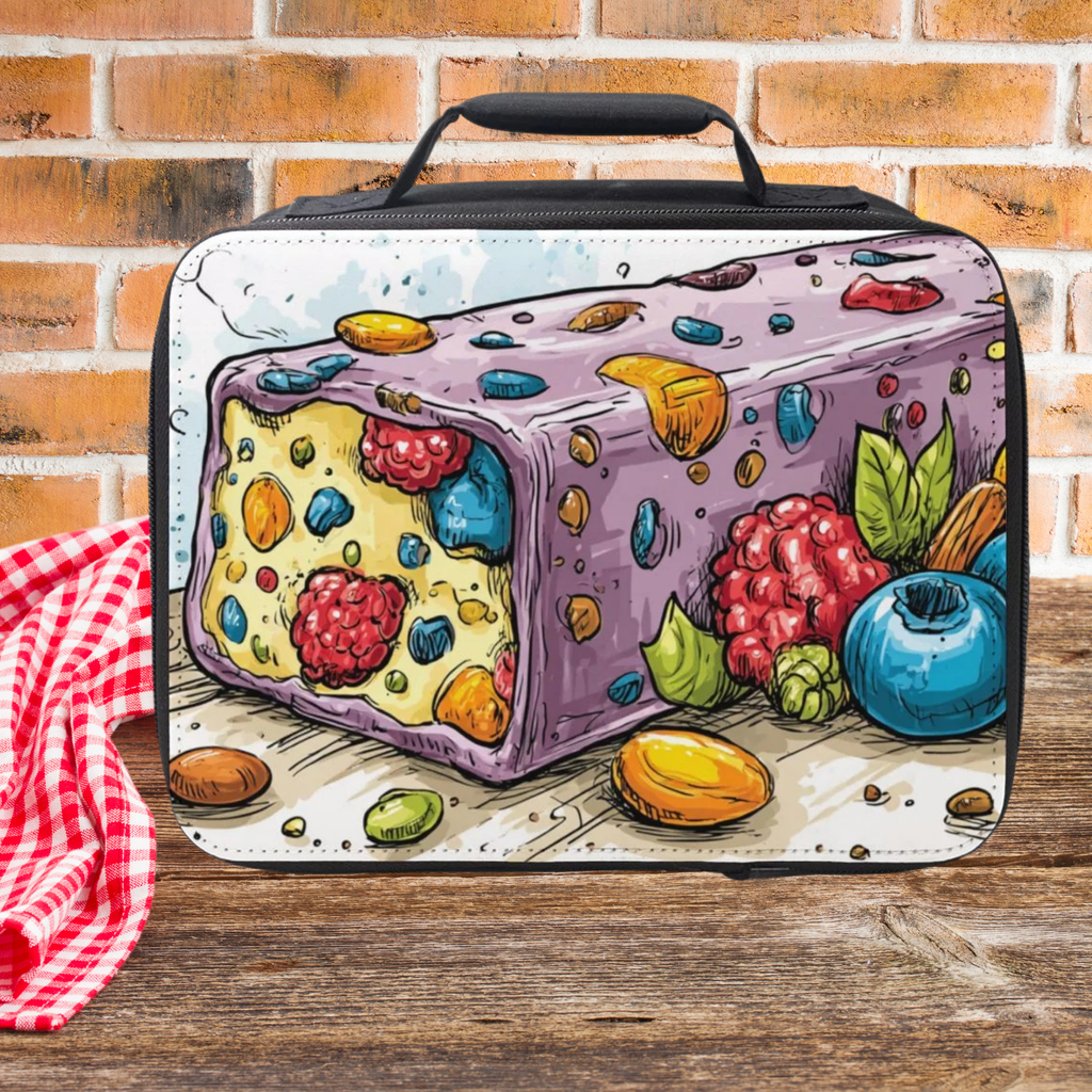 Colorful illustration of a nutrition bar on a lunch bag against a brick wall background