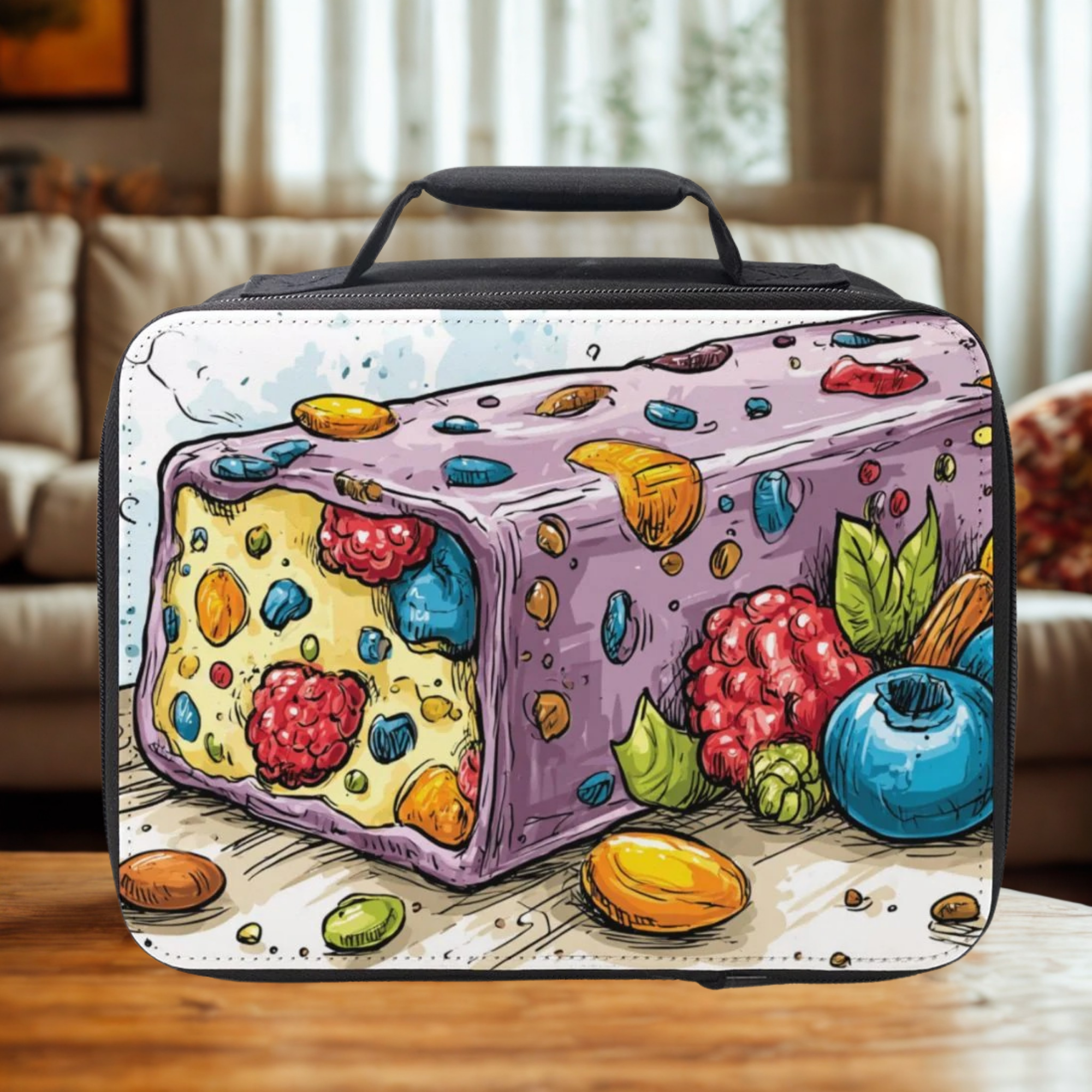 Colorful food-themed lunch bag on a wooden table with a blurred living room background