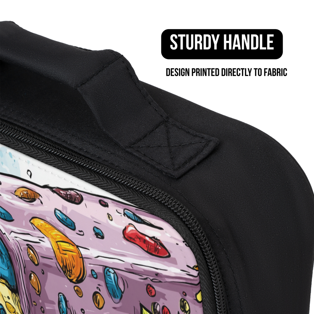Black lunch bag with colorful design on fabric and 'Sturdy Handle' text.