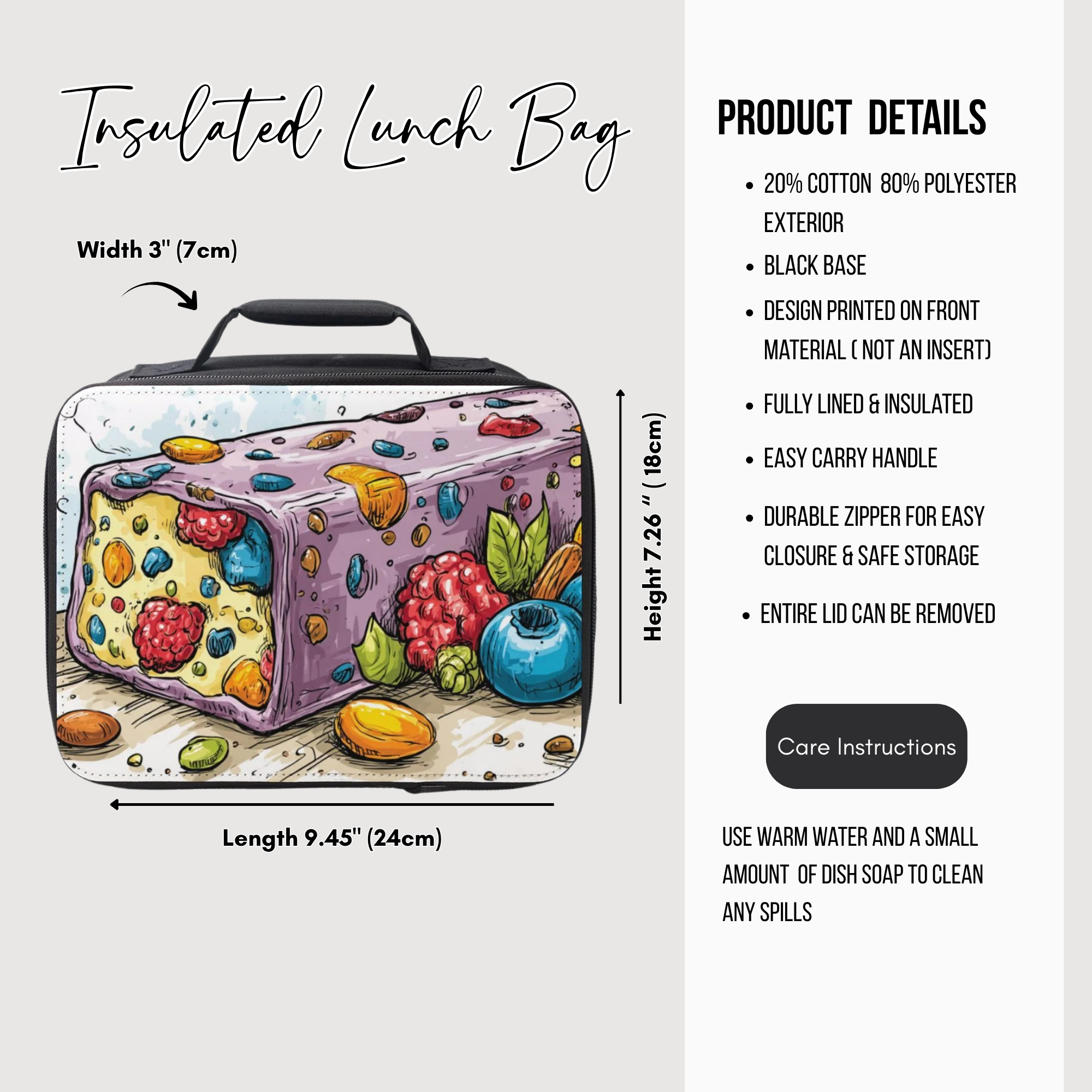 Insulated lunch bag with colorful food design on a white background