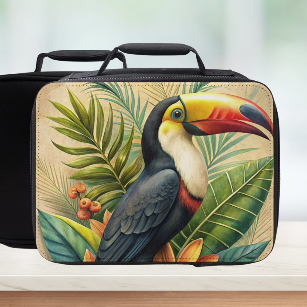  insulated lunch bag with toucan design on a white background