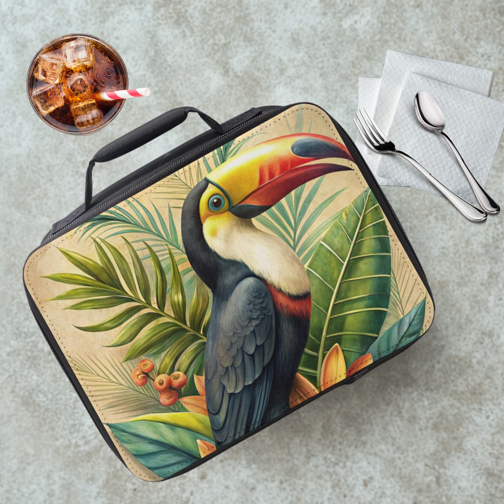 Lunch bag with toucan design on a gray table with a drink and utensils.