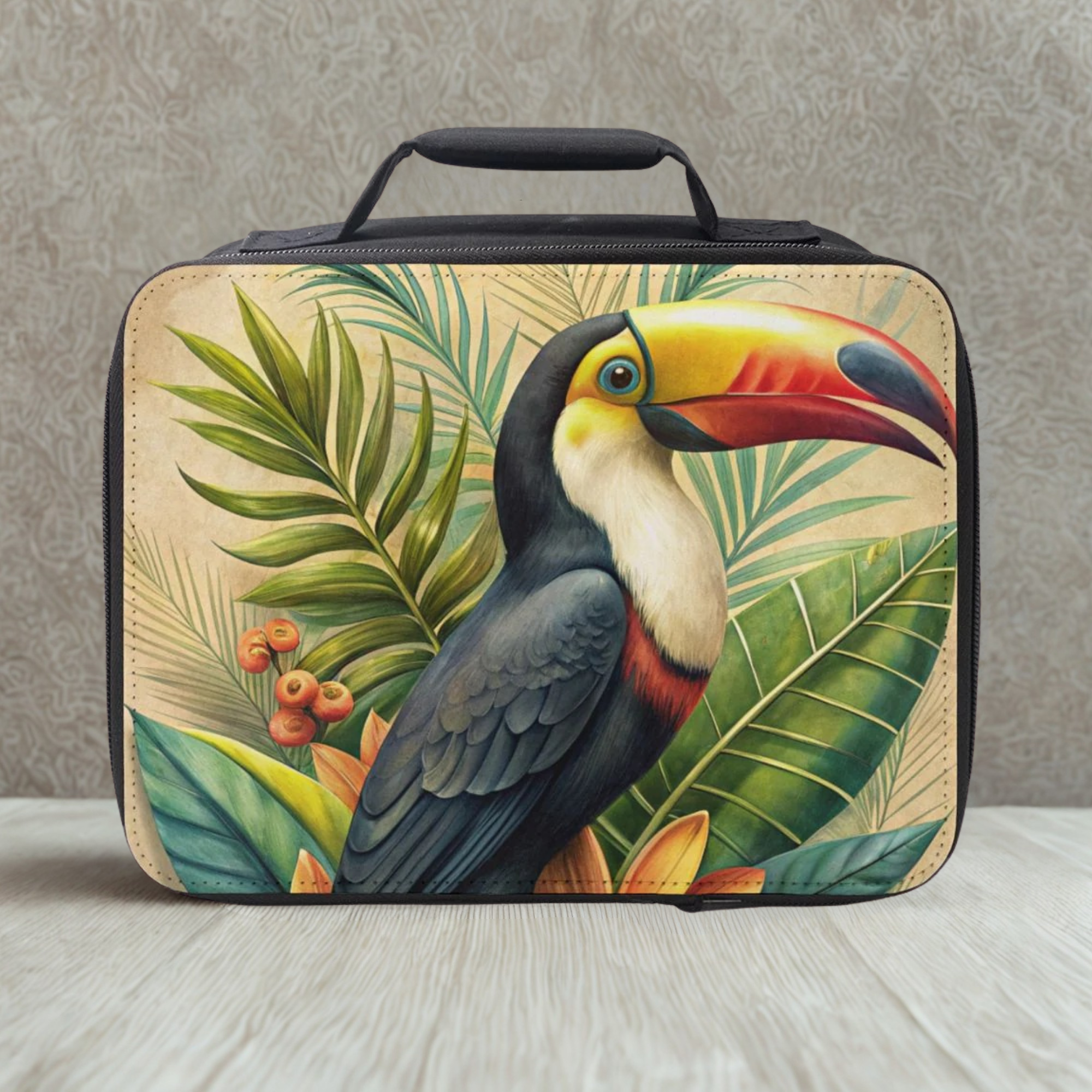  insulated lunch bag with toucan design on a neutral background