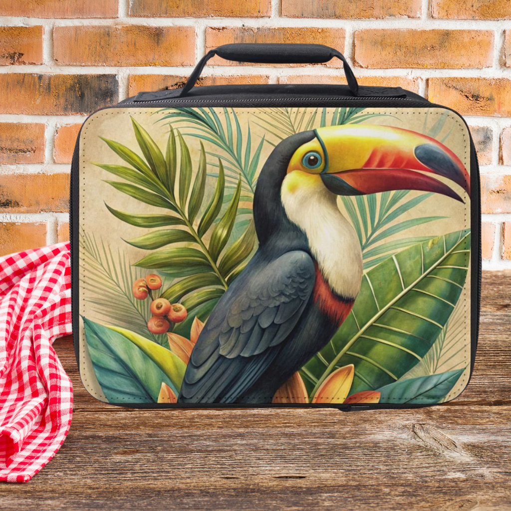Lunch bag with toucan design on a wooden picnic table and brick wall background