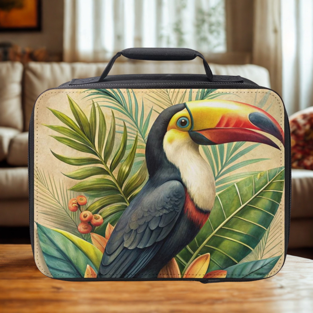  insulated lunch bag with toucan design on a wooden surface