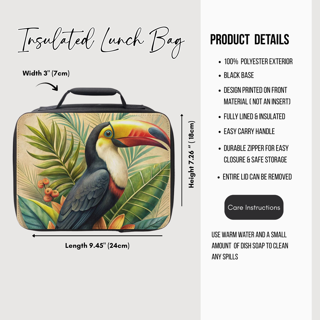 Insulated lunch bag with toucan design and product details on a white background