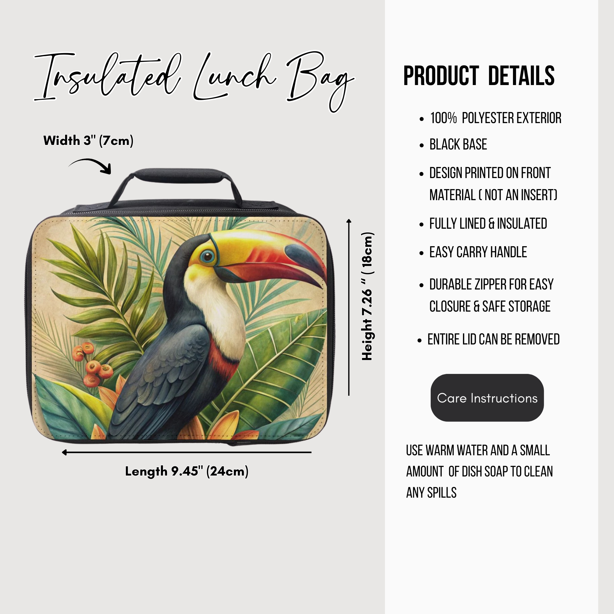 Insulated lunch bag with toucan design and product details on a white background