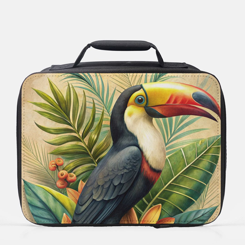 Lunch bag with toucan design on a beige background