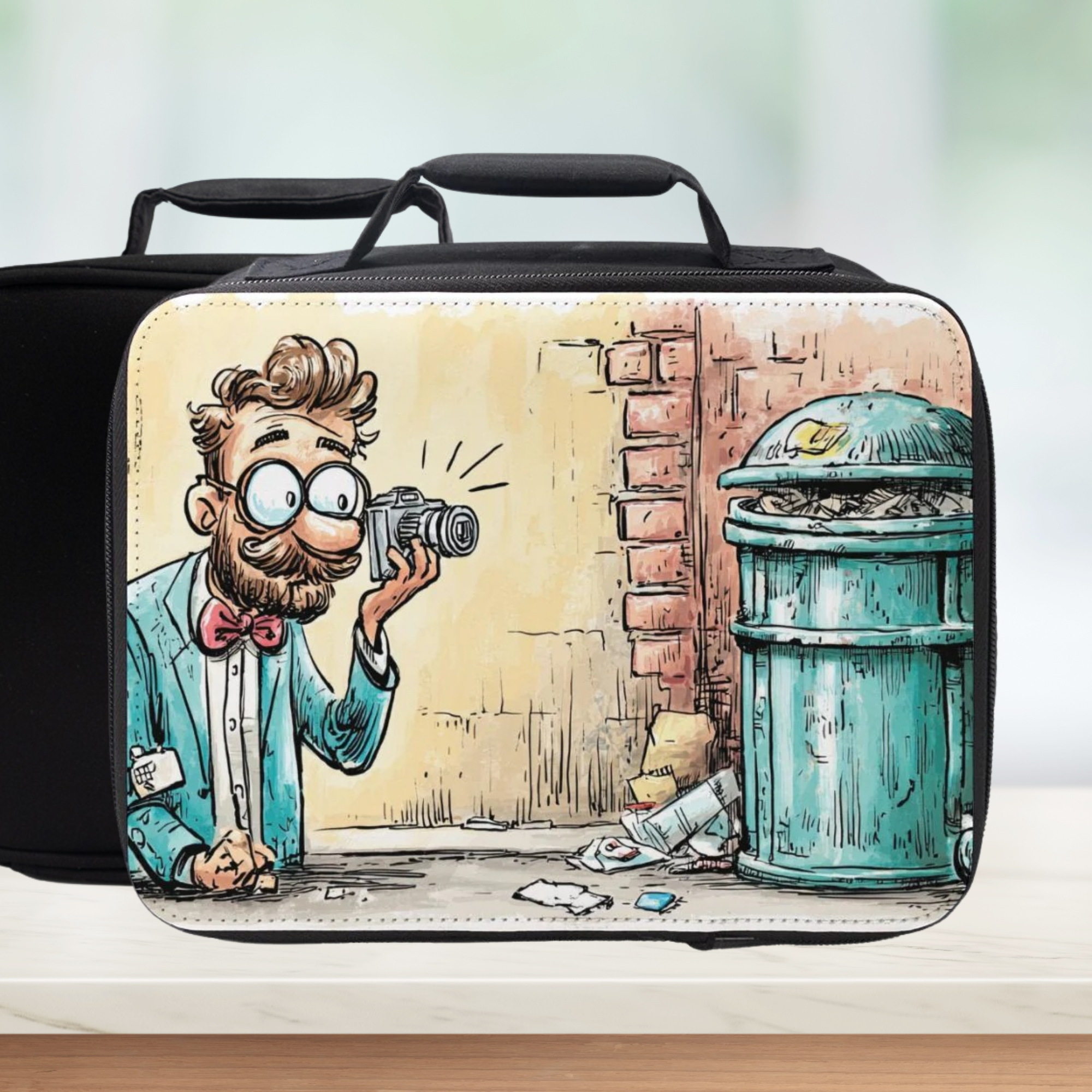  insulated lunch bag with cartoon design of a man taking a photo of a person lying on the ground next to a trash can.