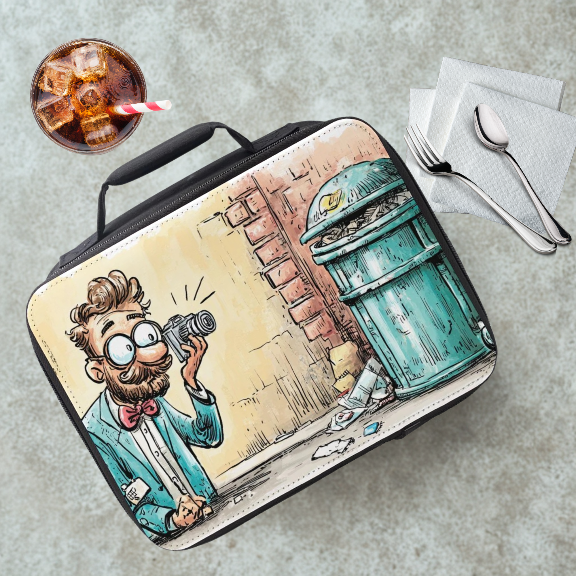 Lunch bag with a cartoon design of a man with a camera and a green trash can on a cafeteria table with a drink and eating utensils.
