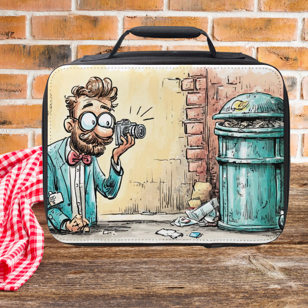  insulated lunch bag with cartoon design of a man taking a photo of a trash can on a picnic table against a brick wall.