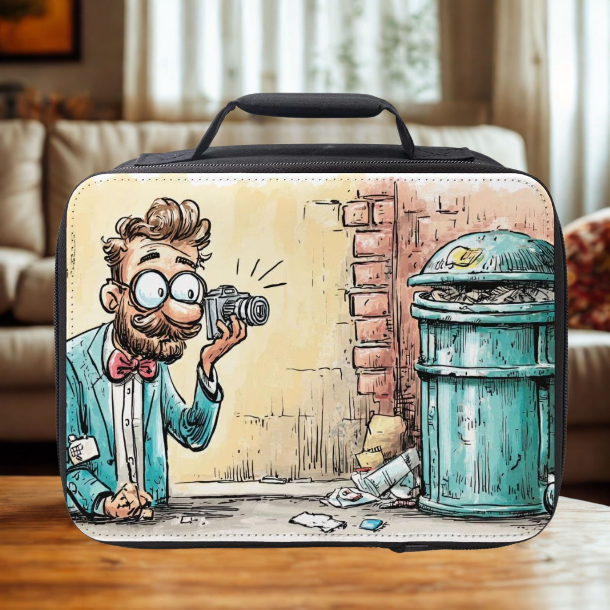 Cartoon-themed lunch bag with a design of a man taking a photo of a trash can on a wooden table in a living room