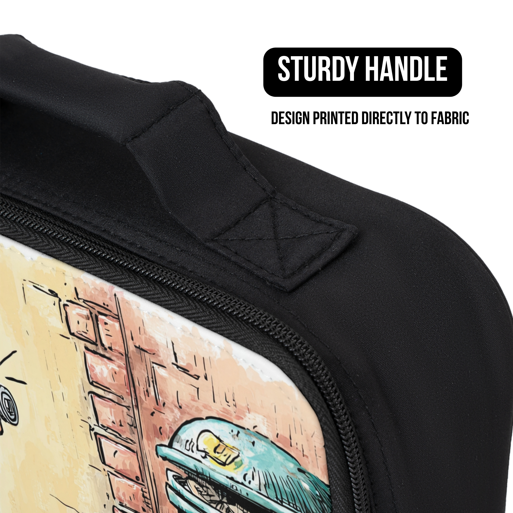 Black bag with a colorful design on a white background, featuring text about a sturdy handle.