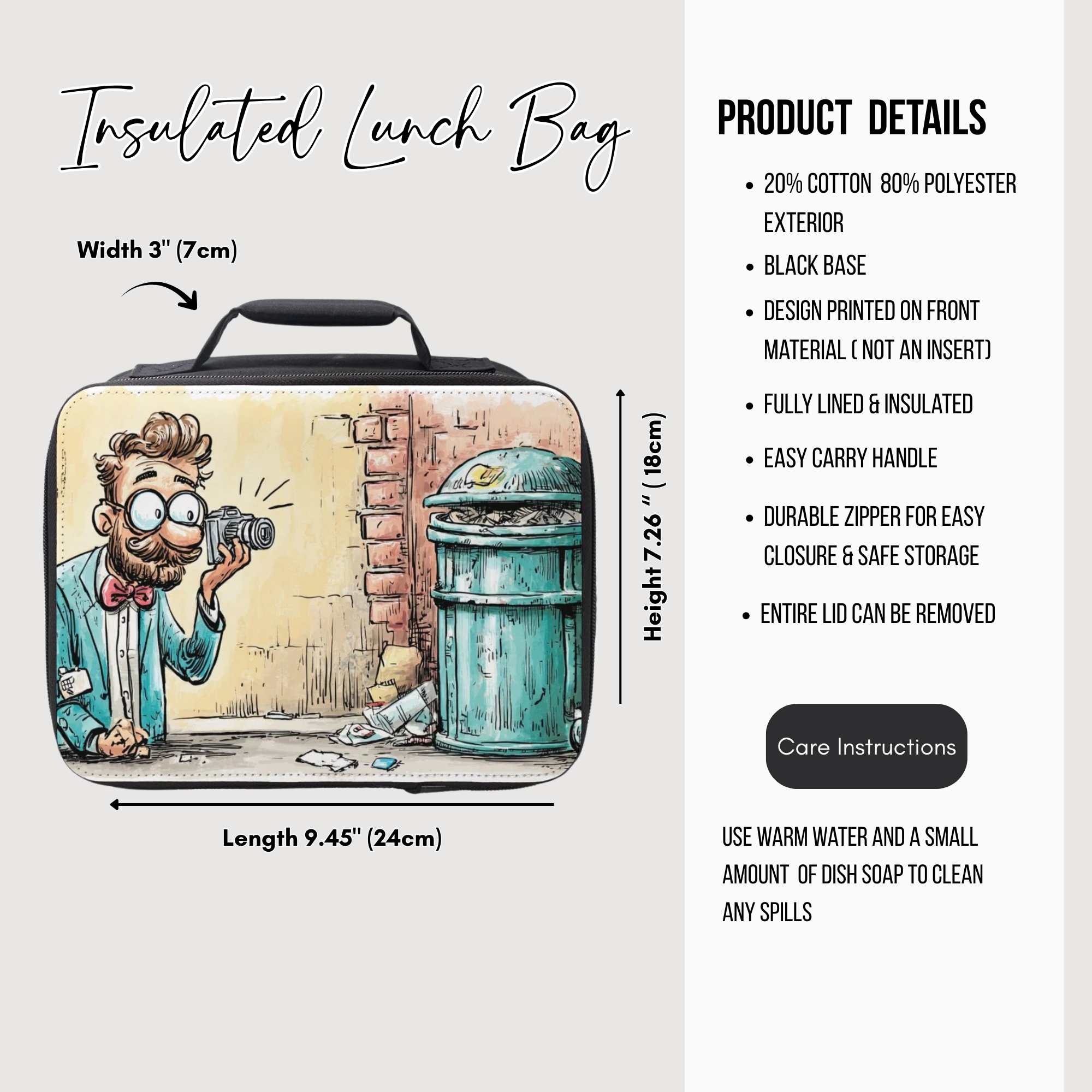 Insulated lunch bag with cartoon design and product details on a white background