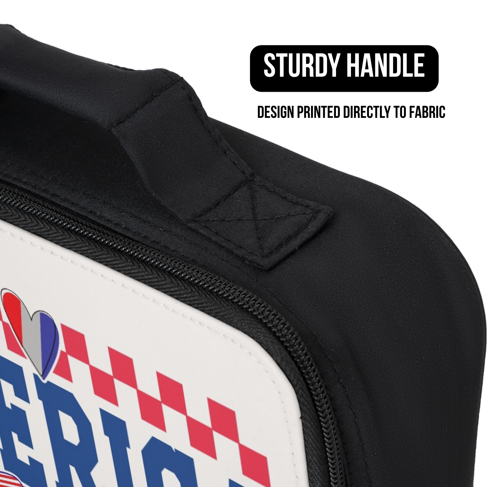 Black lunch bag with a design printed directly to fabric, featuring text and a heart symbol.