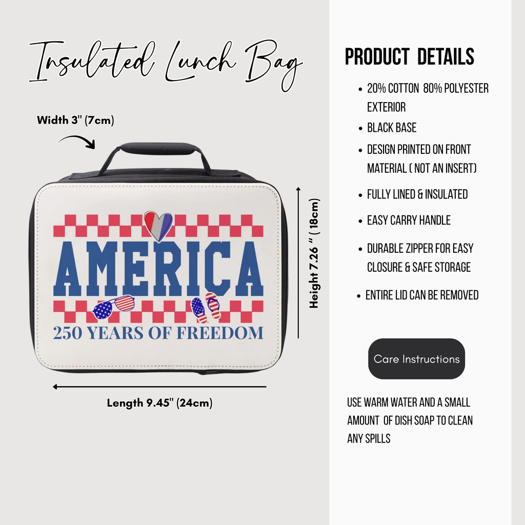 Insulated lunch bag with 'America 250 Years of Freedom' design and product details on a white background.