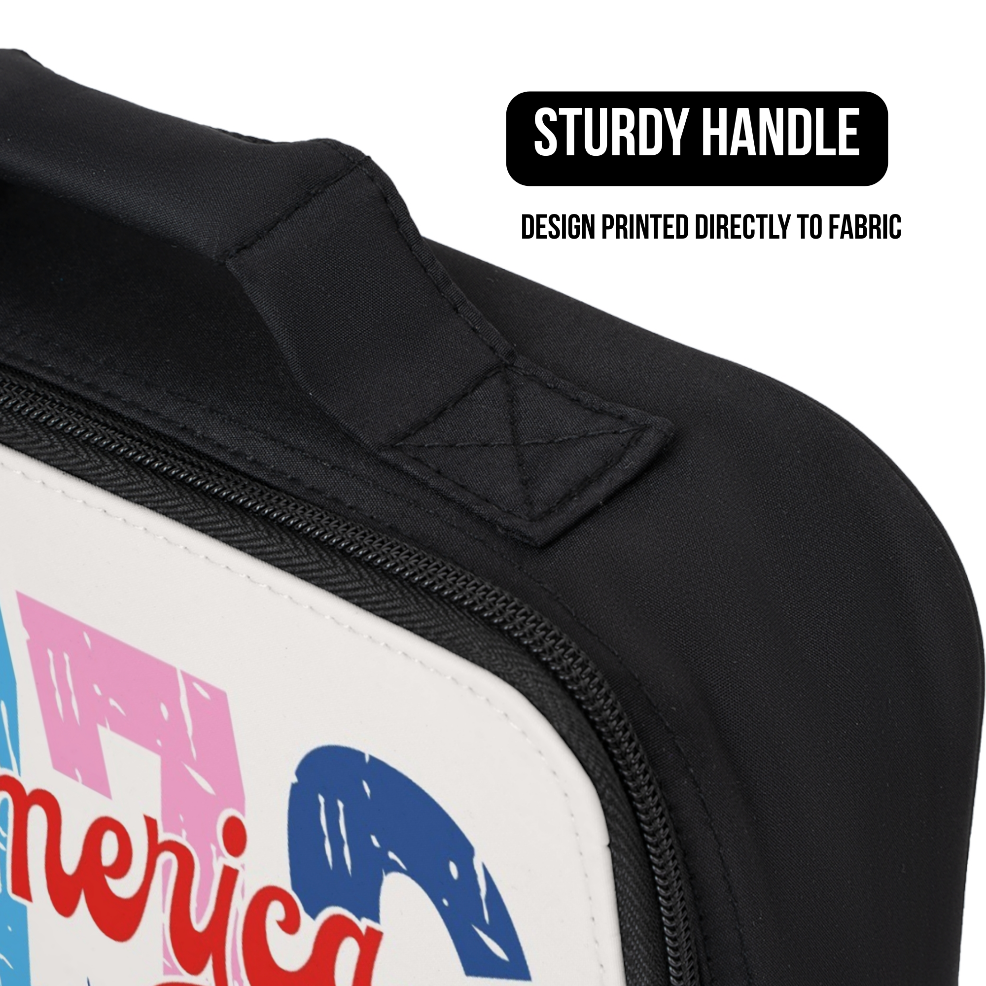 Black lunch bag with colorful design and 'America' text, featuring a sturdy handle.