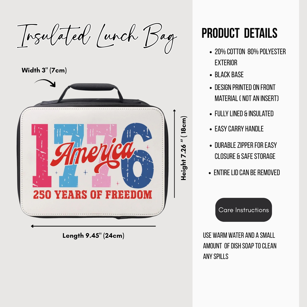 Insulated lunch bag with design and product details on a white background