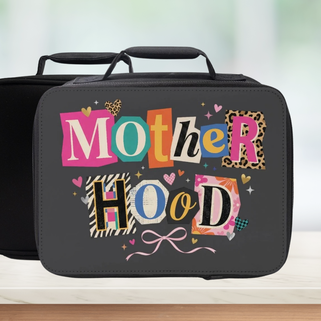 Black lunch bag with colorful 'Mother Hood' text on a light background