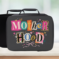 Black lunch bag with colorful 'Mother Hood' text on a light background