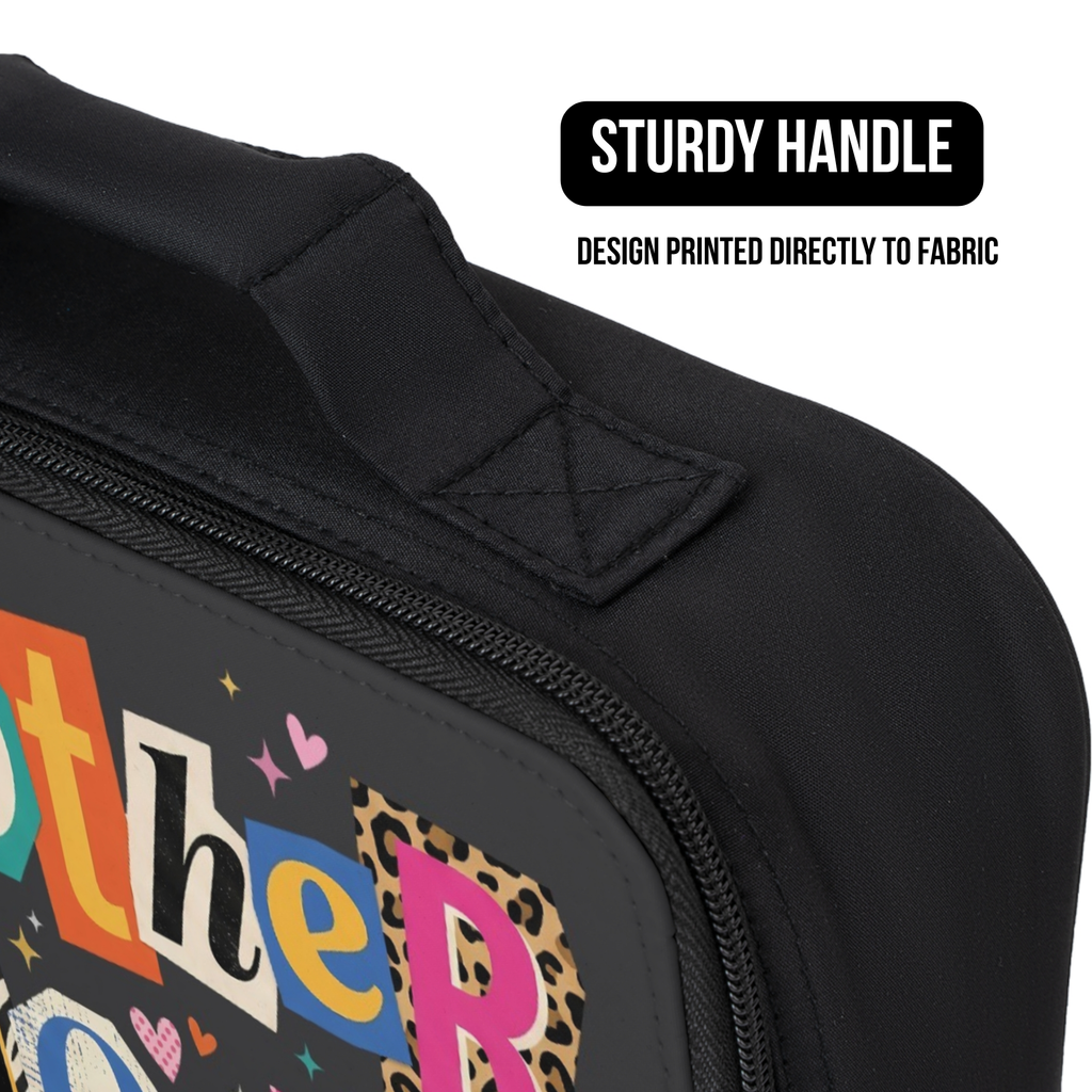 Black bag with colorful text and design, featuring a sturdy handle and text 'Design Printed Directly to Fabric'.