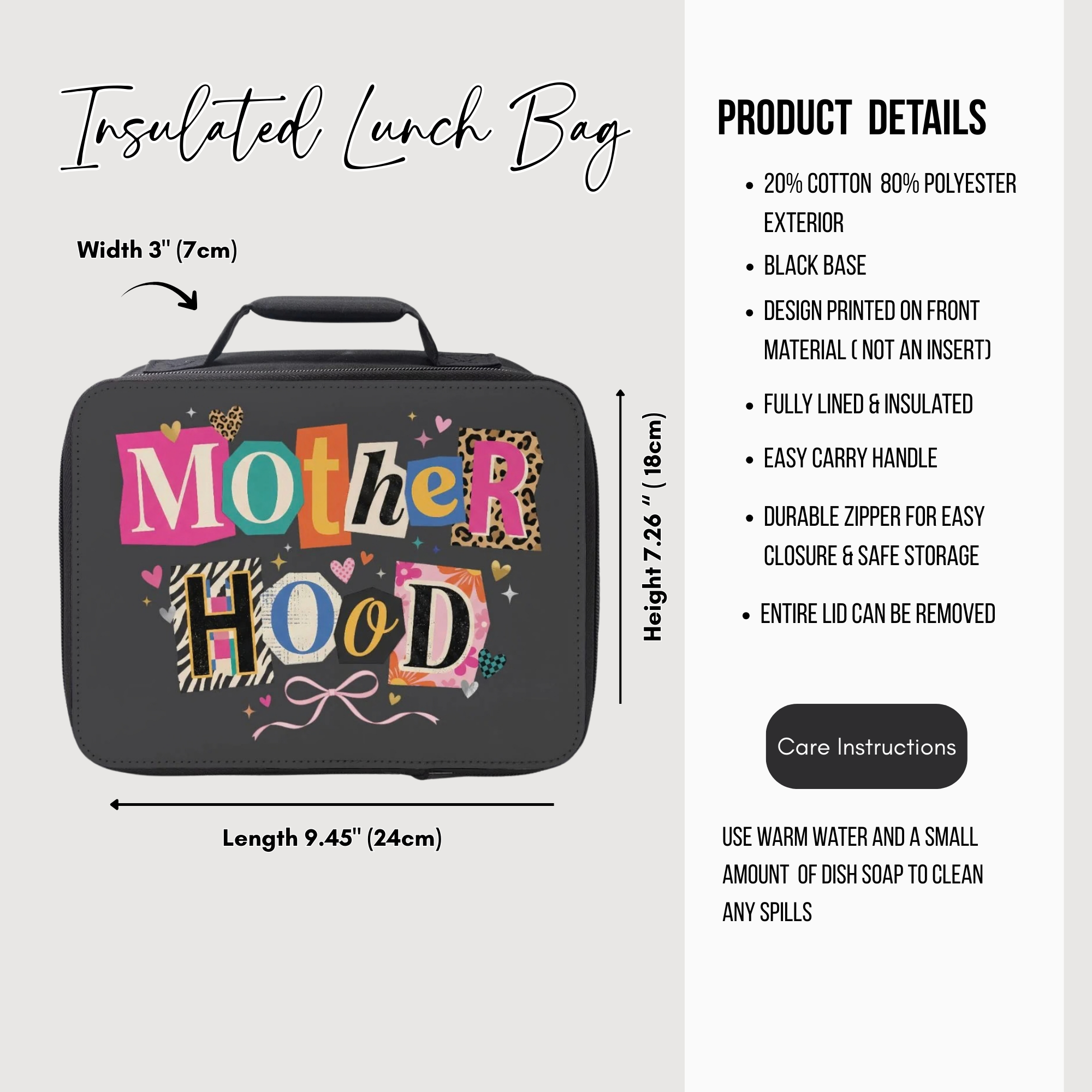 Insulated lunch bag with 'Mother Hood' design and product details on a white background