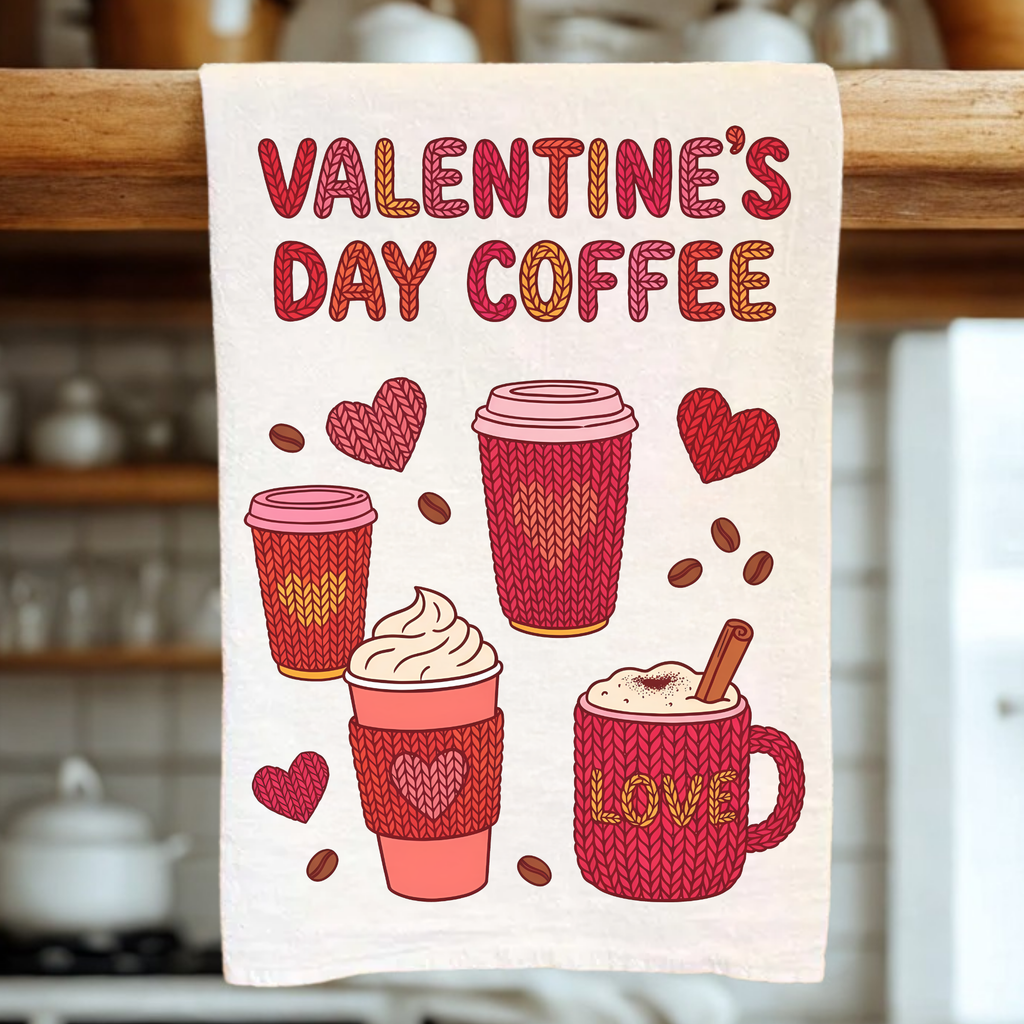 Valentine's Day coffee-themed tea towel with illustrations of coffee cups and hearts on a wooden rack.