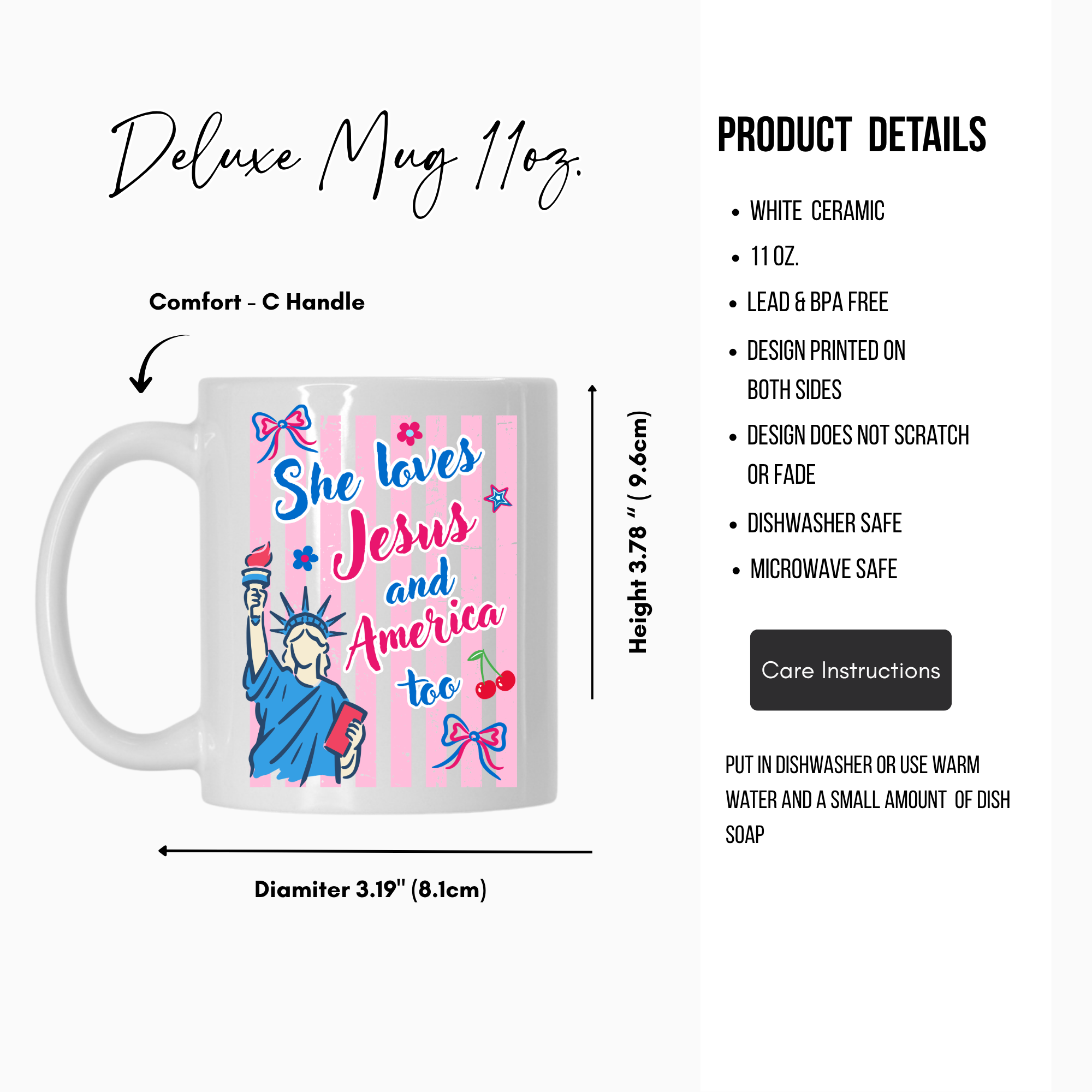 11oz. Mug with 'She loves Jesus and America too' design on a white background