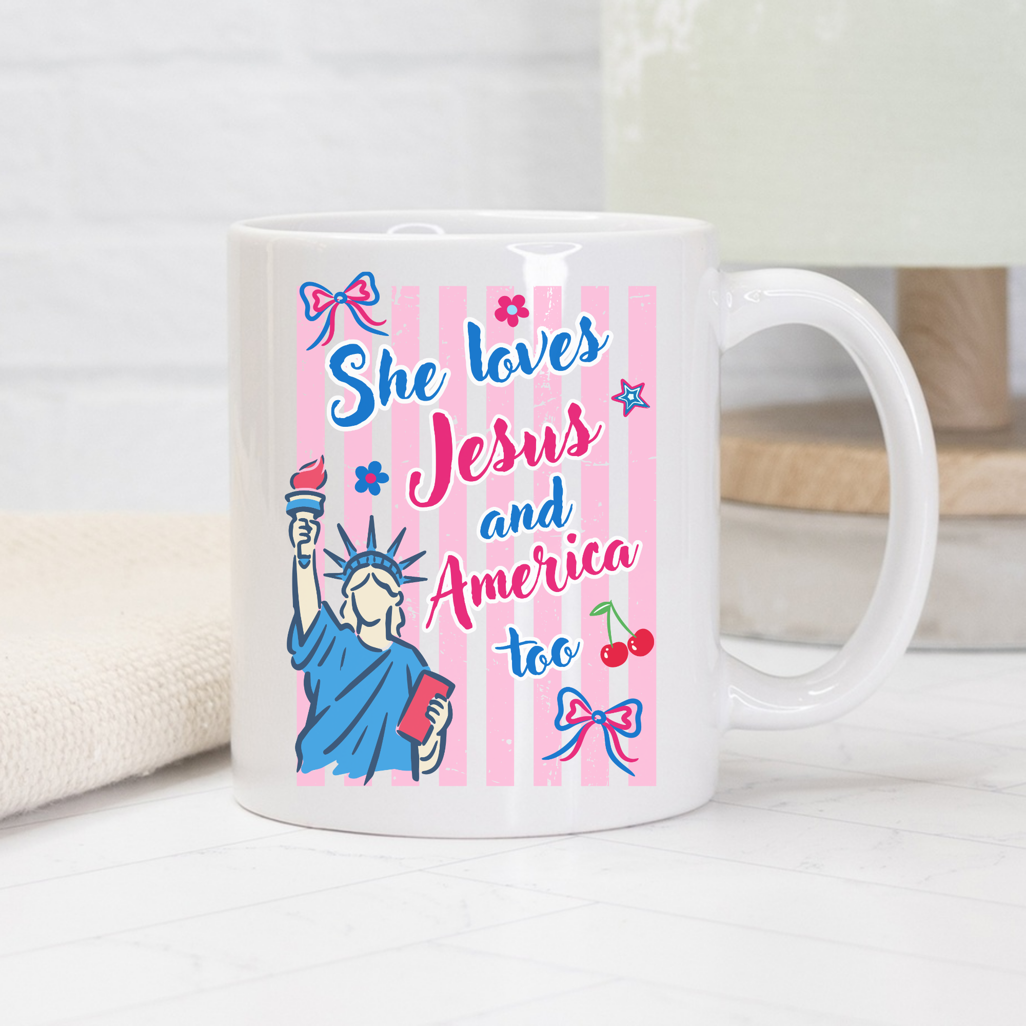 White 11oz. mug with colorful design featuring text and graphics on a white background