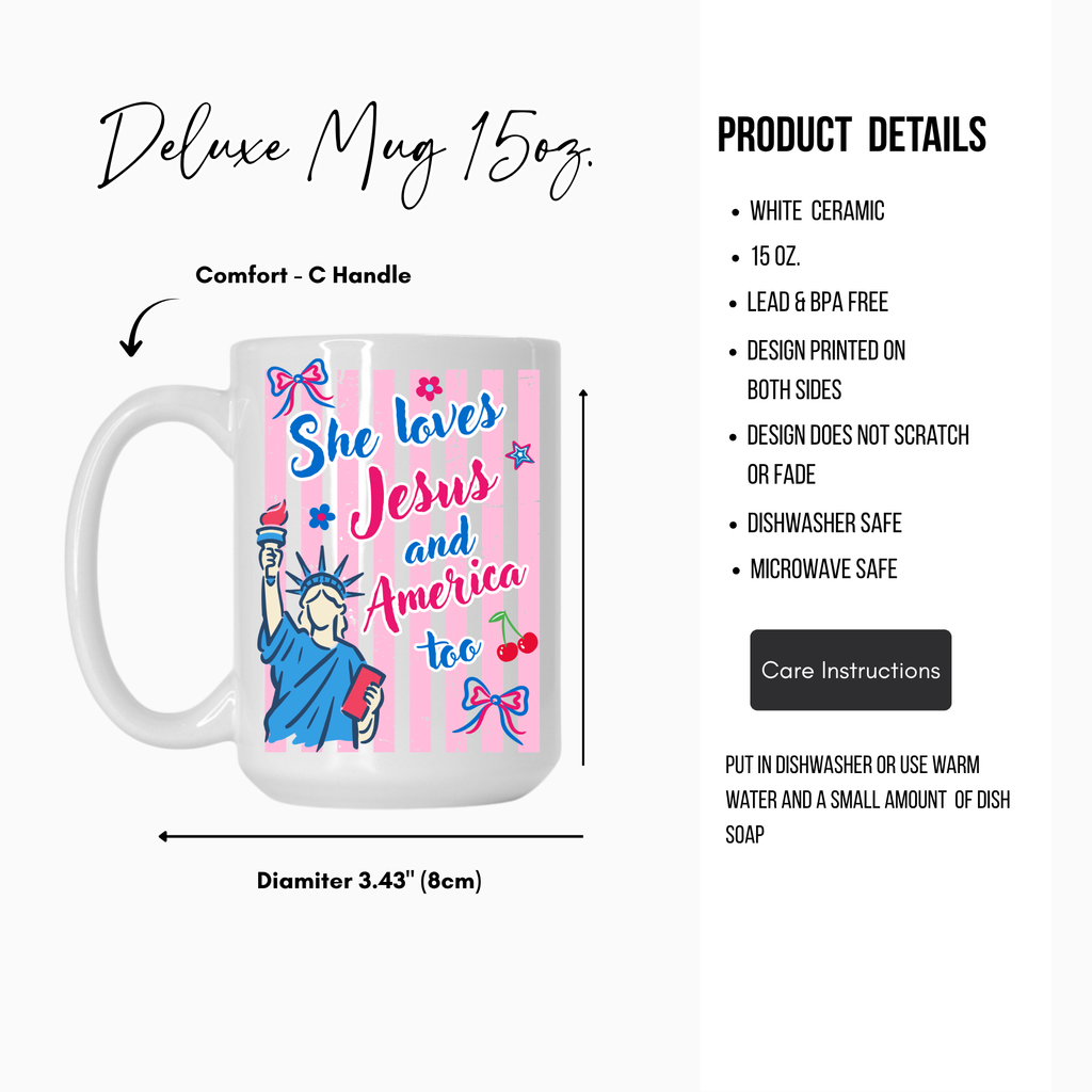 White 15oz. mug with colorful design featuring the Statue of Liberty and text, with product details on a white background.
