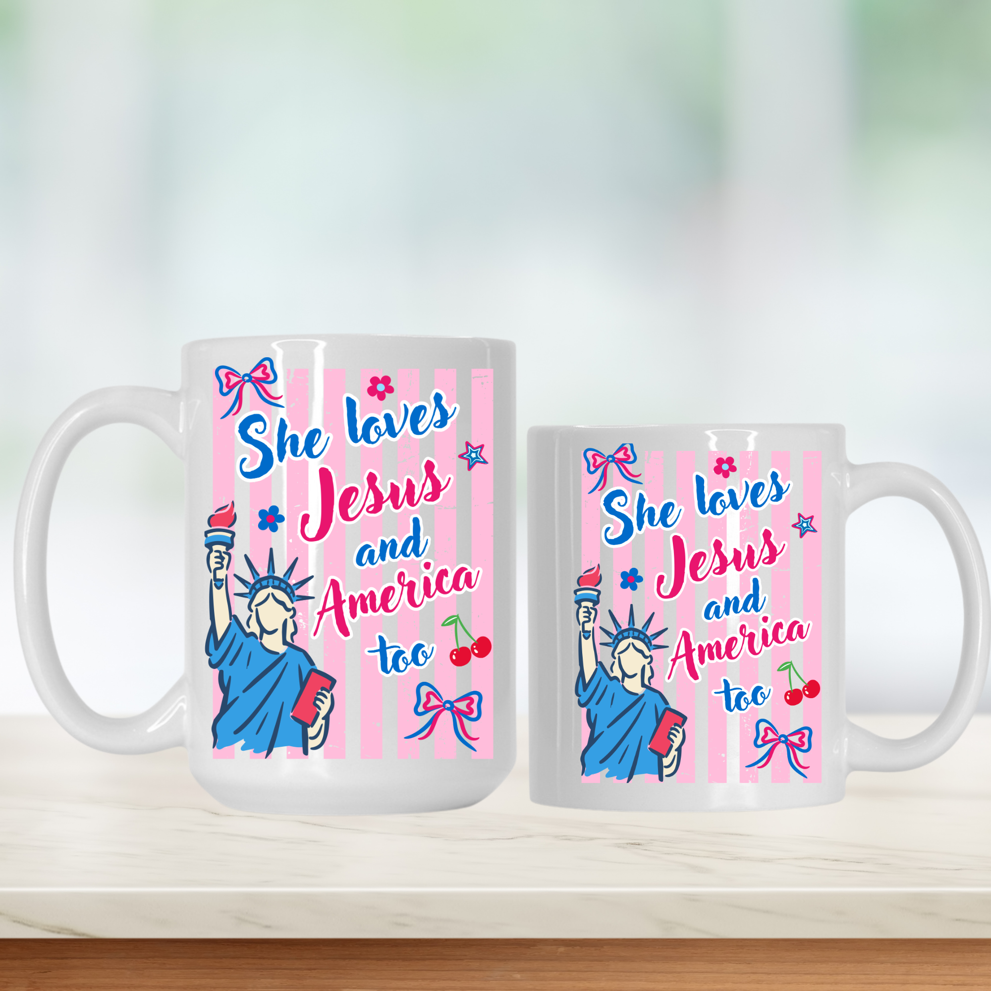 15oz. and 11oz. mugs with 'She loves Jesus and America too' design on a white surface.
