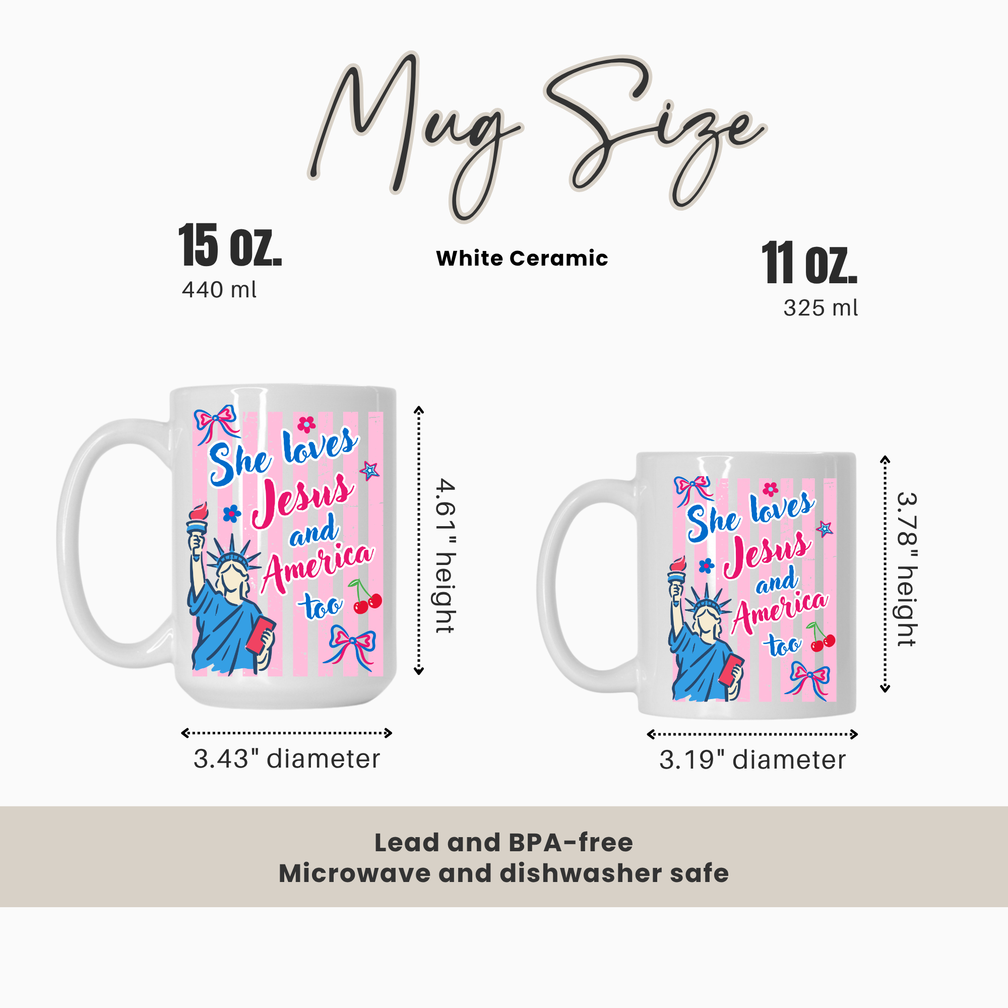Mug size comparison chart with a 15oz. and 11oz. mugs and measurements on a white background.