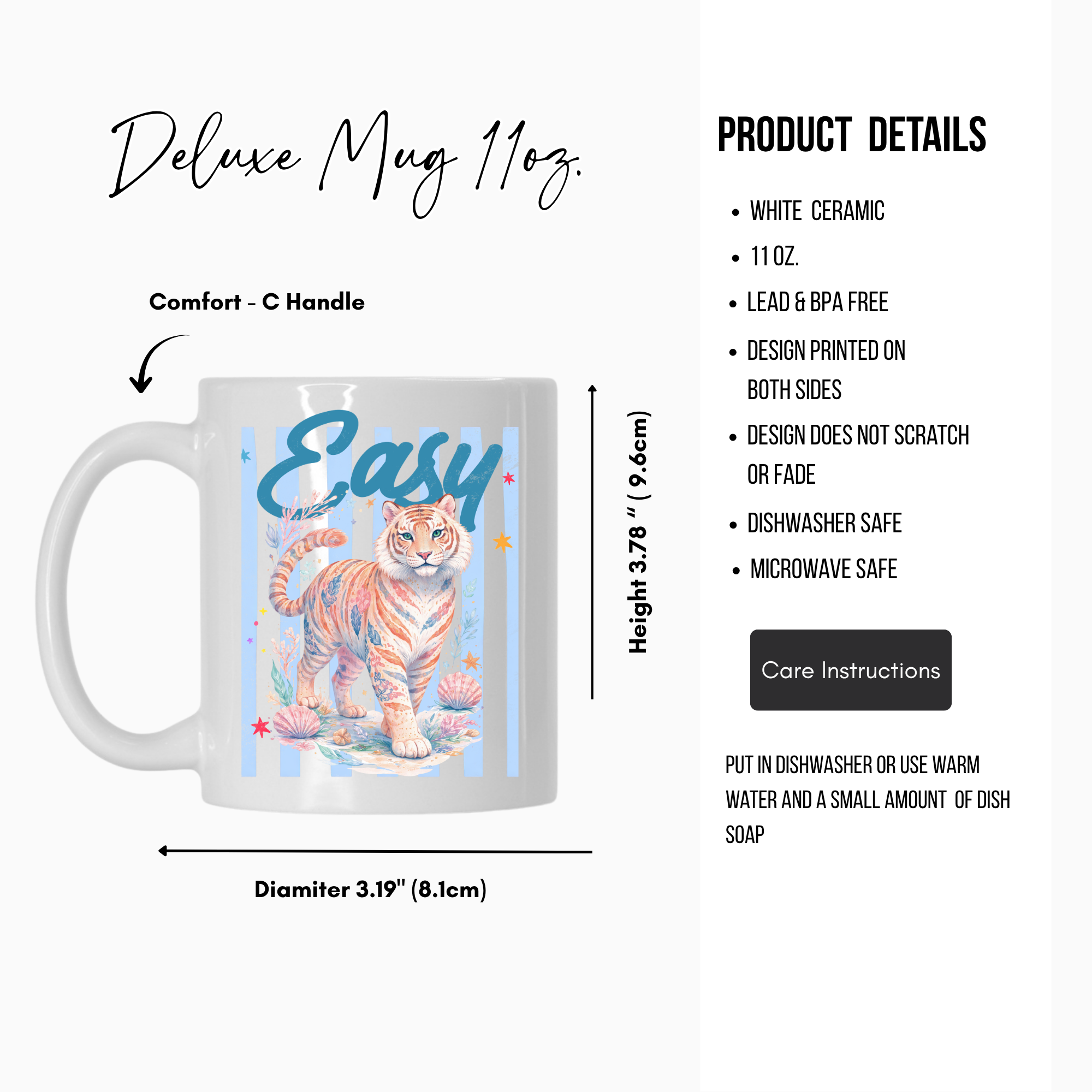 White 11oz ceramic mug with tiger design and 'Easy' text, featuring product details on a white background.
