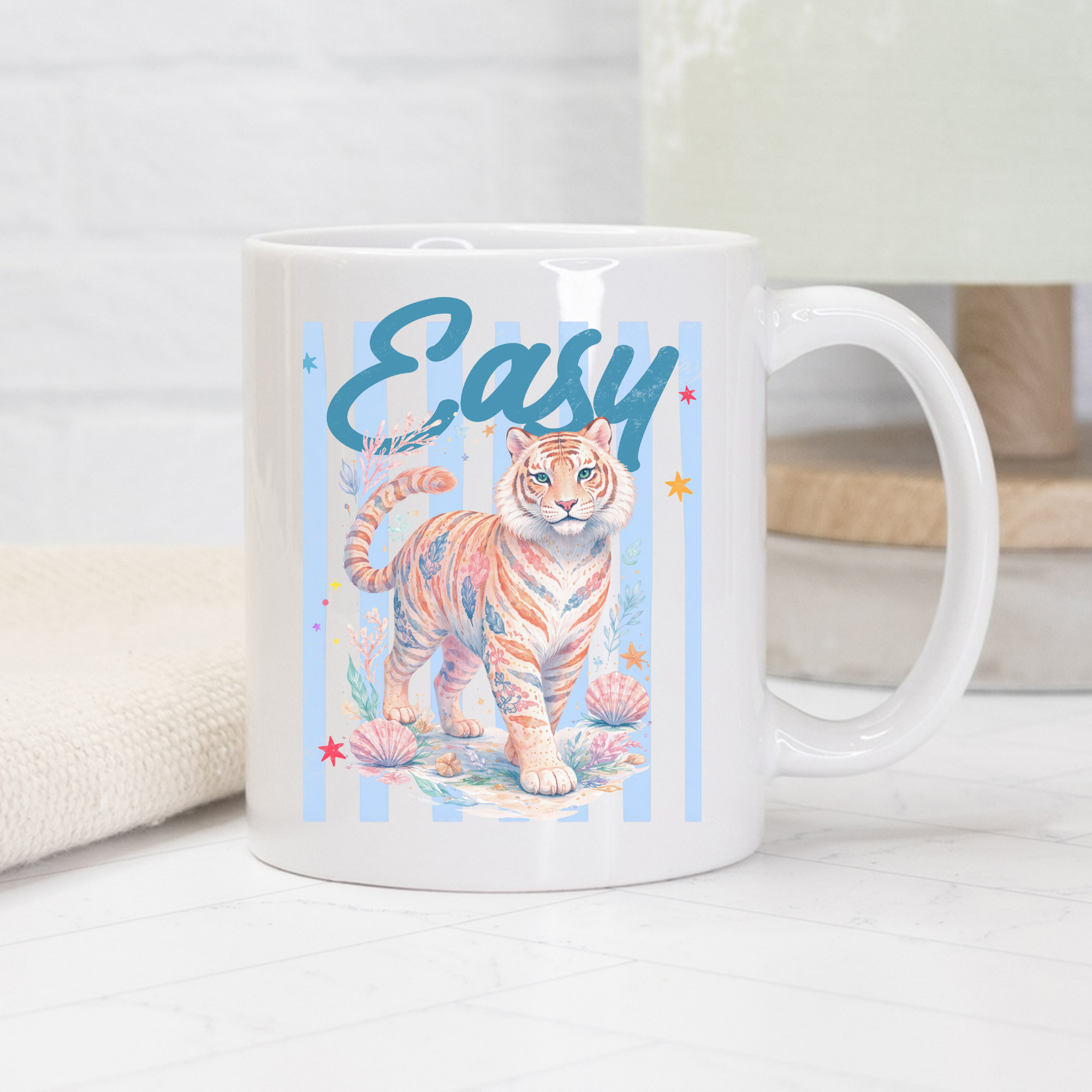 White 11oz mug with a tiger illustration and 'Easy' text on a light background