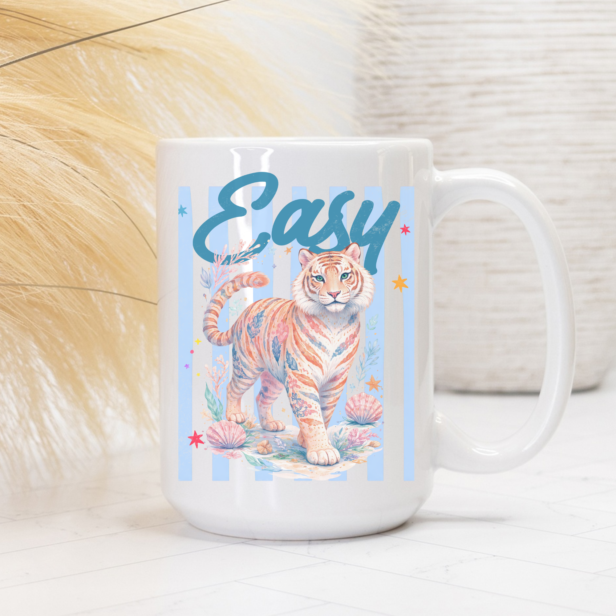 White 15oz mug with a tiger design and 'Easy' text on a light background