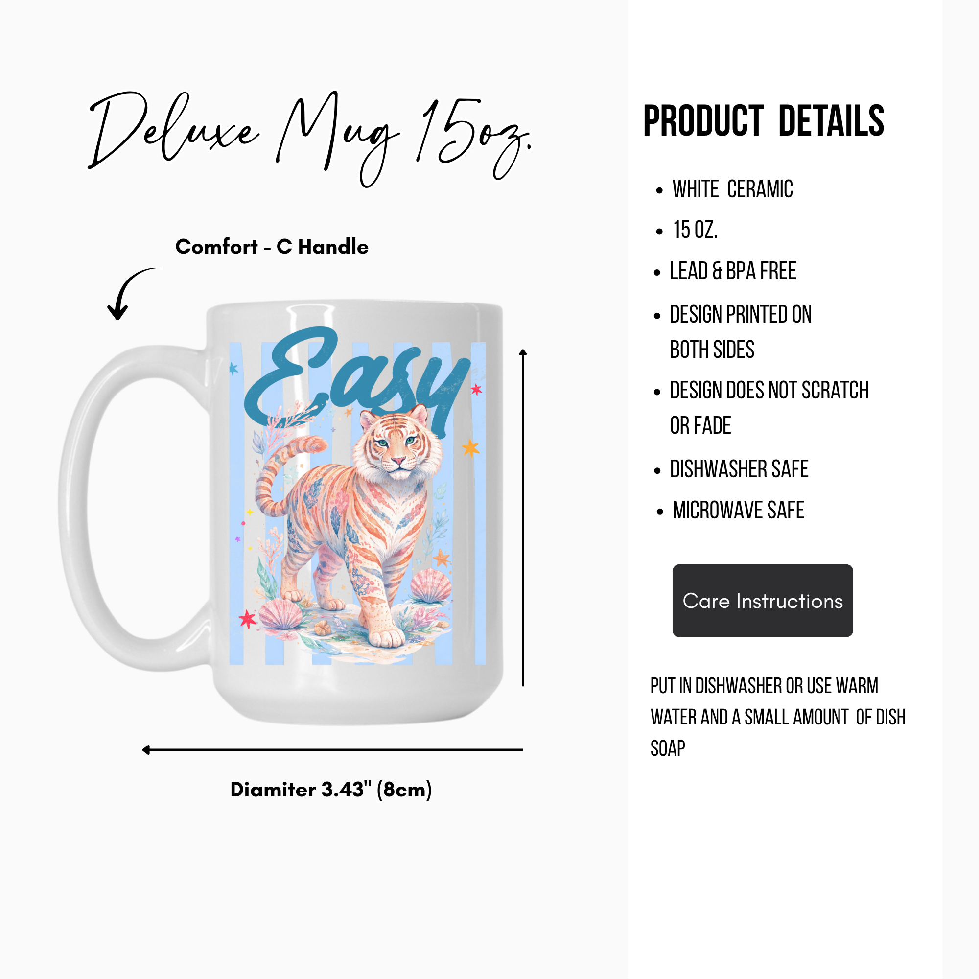 White 15oz ceramic mug with tiger design and 'Easy' text, featuring product details on a white background.